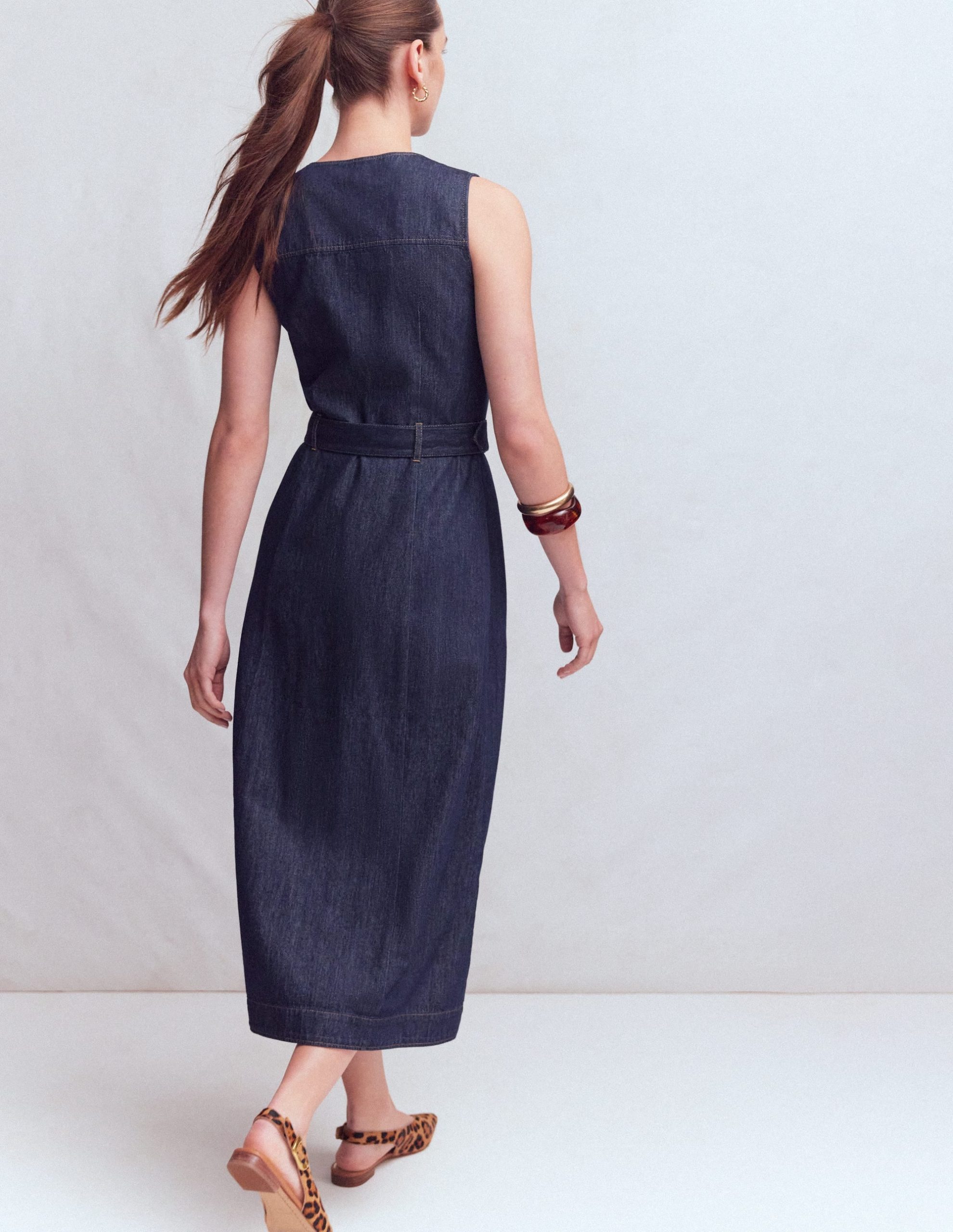 Gold Button Denim Midi Dress-Indigo - Image 3