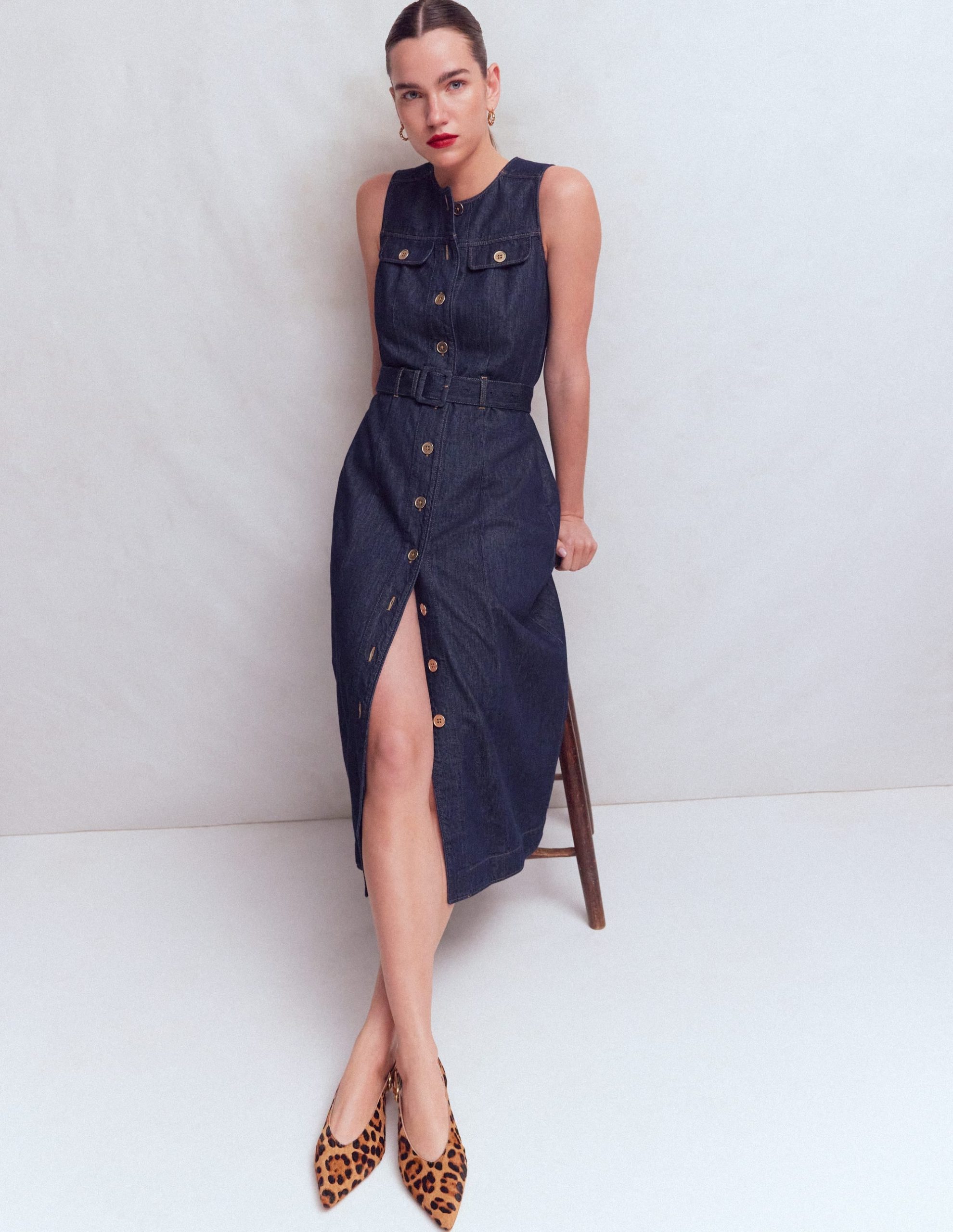 Gold Button Denim Midi Dress-Indigo - Image 4