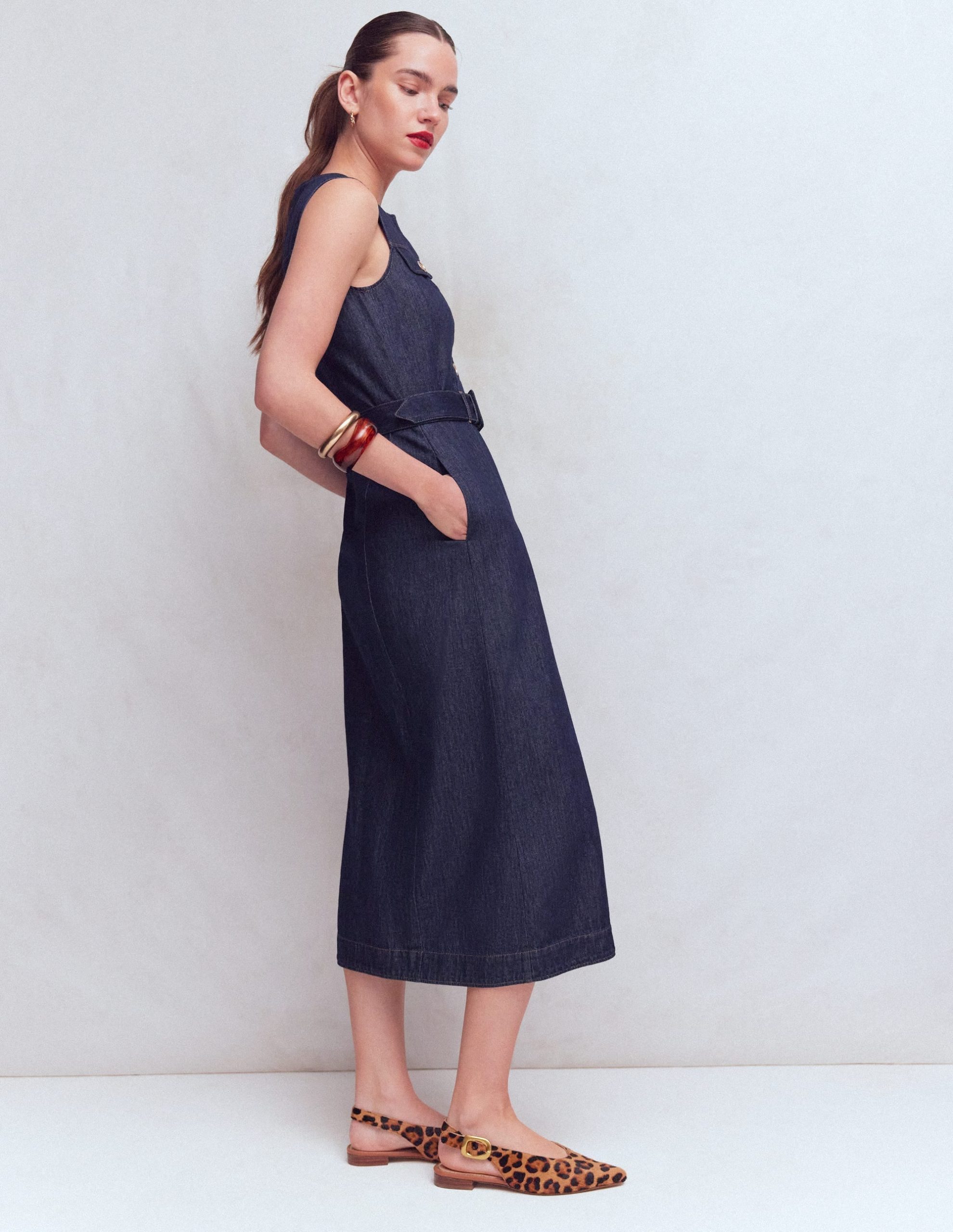Gold Button Denim Midi Dress-Indigo - Image 5