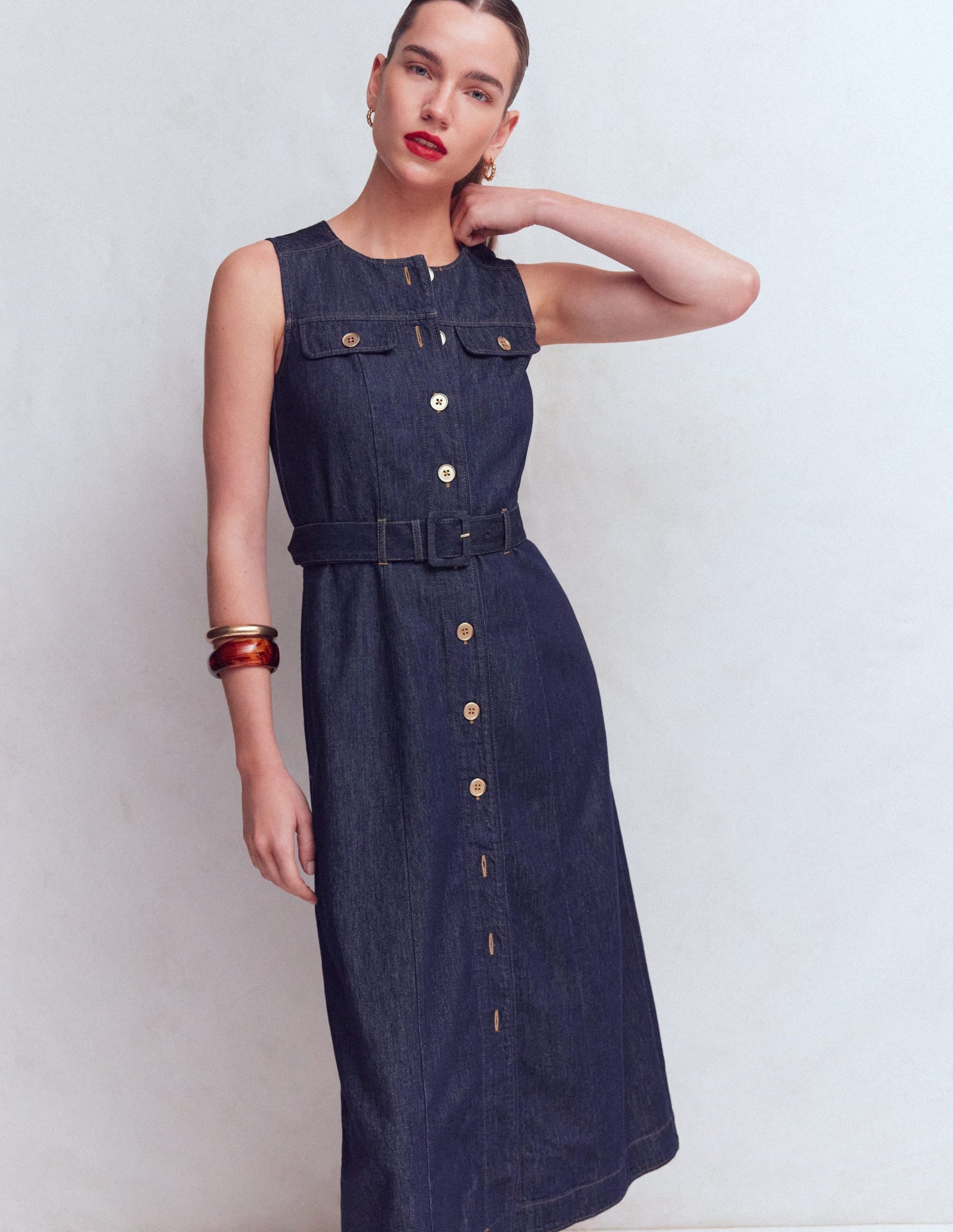 Gold Button Denim Midi Dress-Indigo - Image 6