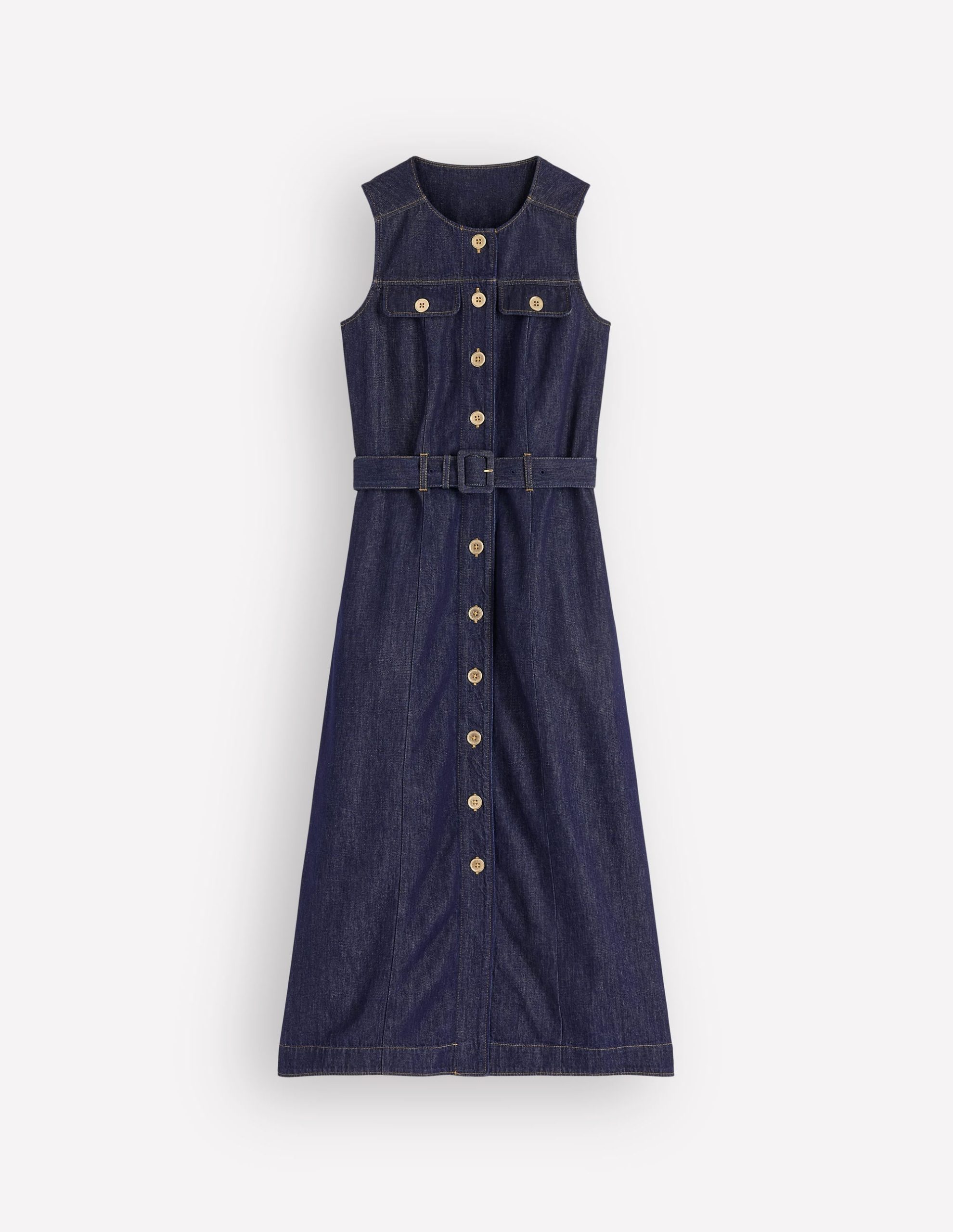 Gold Button Denim Midi Dress-Indigo - Image 7