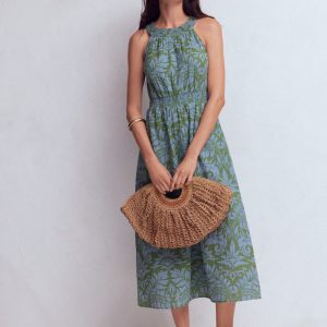 Daphne Double Cloth Dress-Green Ornamental Foliage