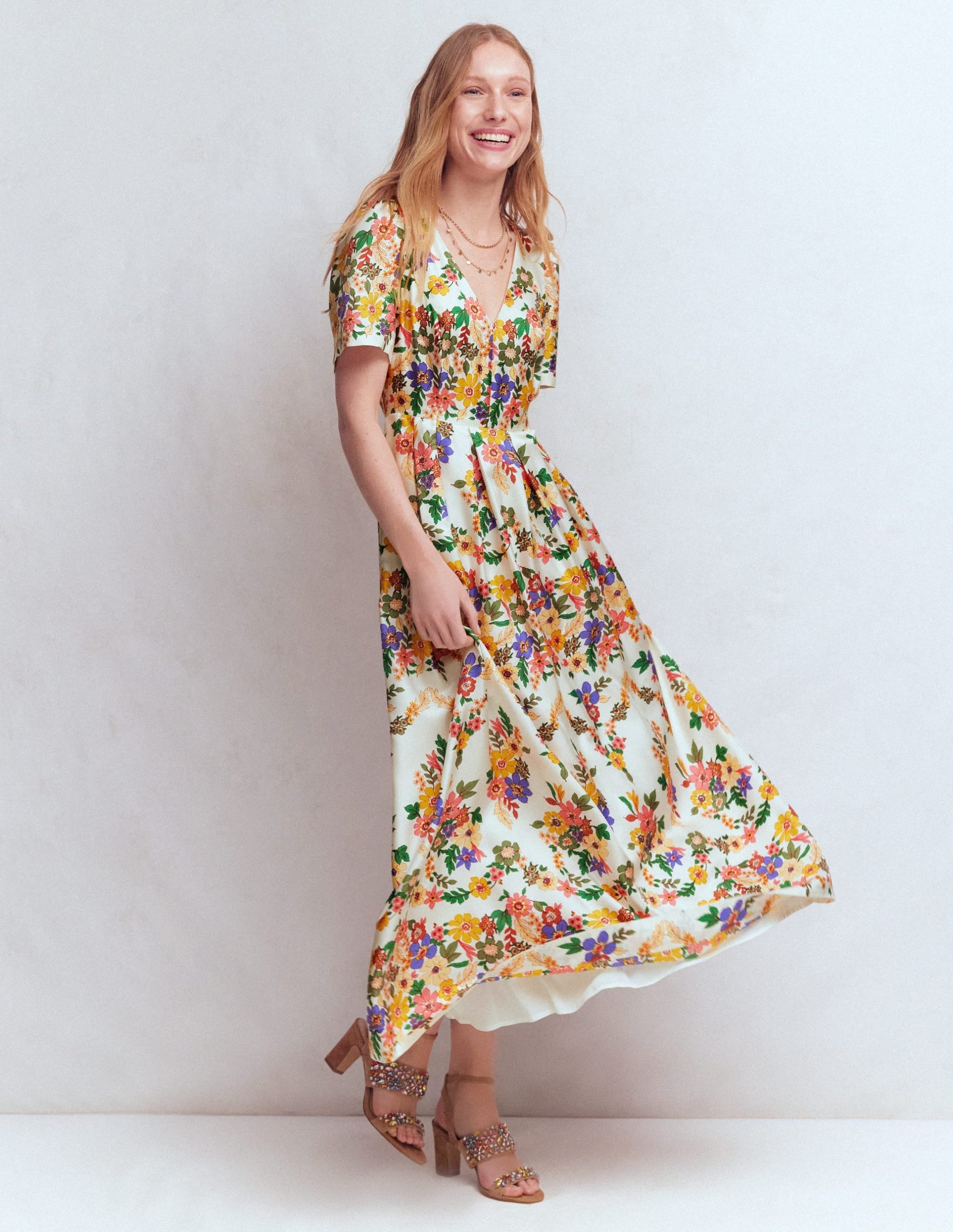 Pleat V-neck Dress-Multi Meadow Flowers - Image 4