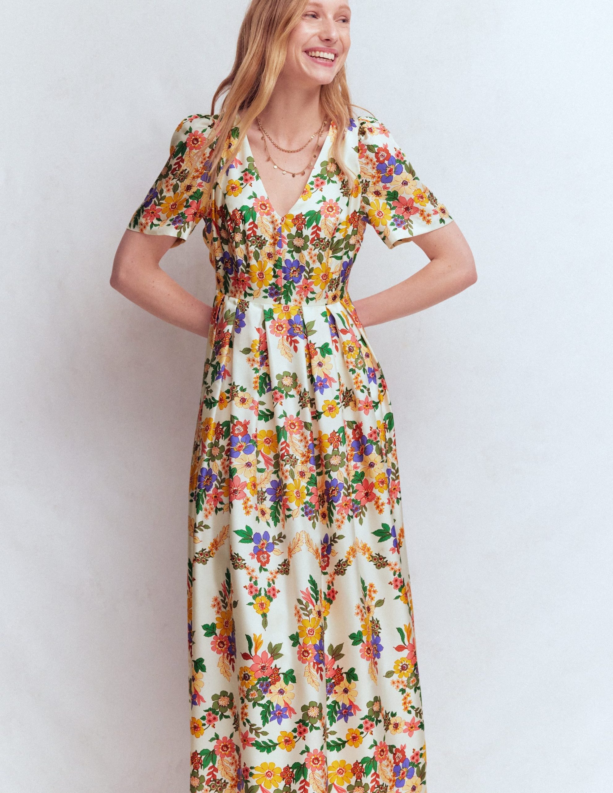 Pleat V-neck Dress-Multi Meadow Flowers - Image 5