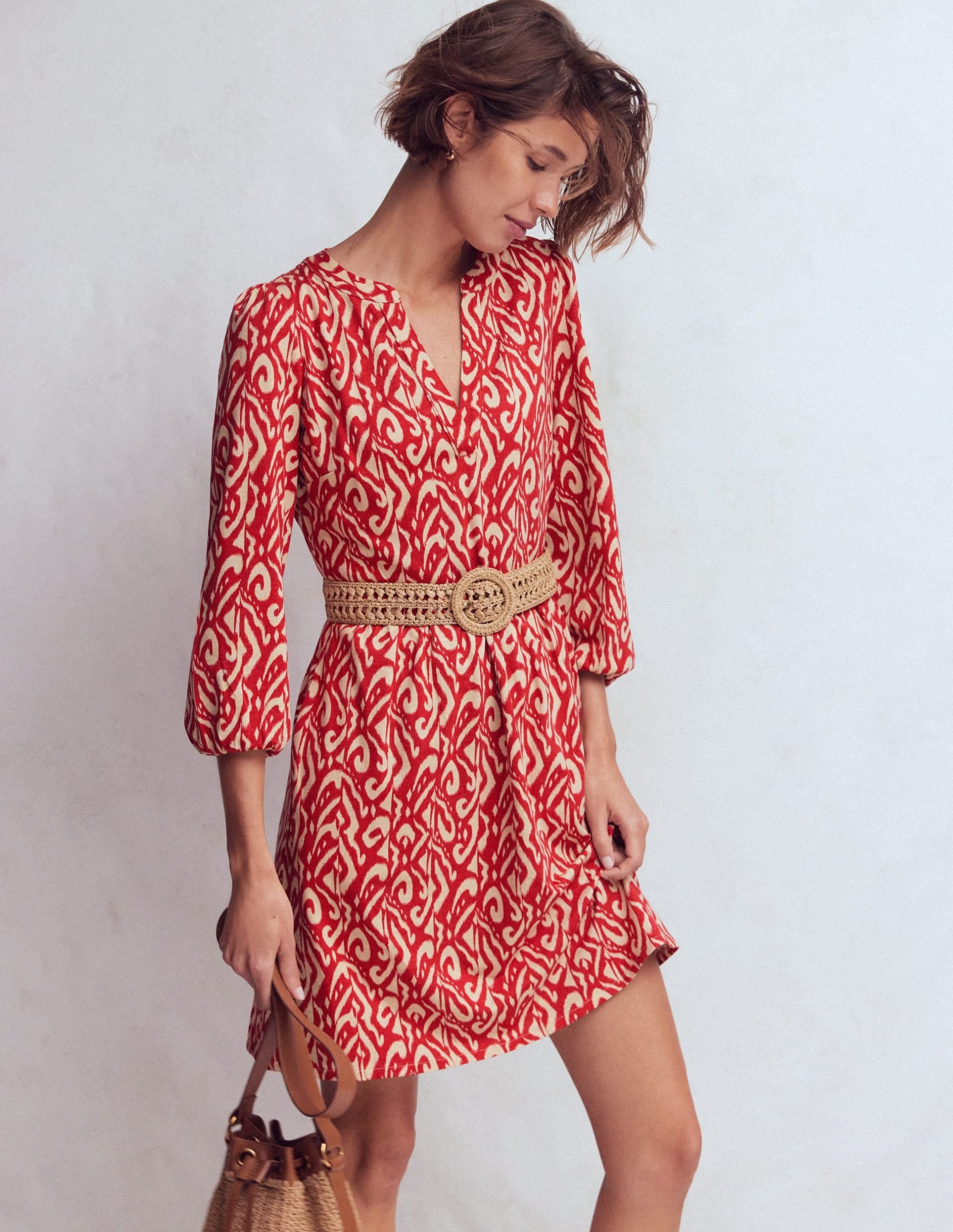 Cathy Notch Neck Jersey Dress-Merida Red. Ikat