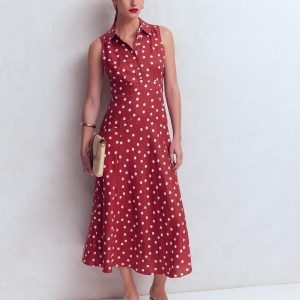 Erma Drop Waist Linen Dress-Red Painted Dot Spaced