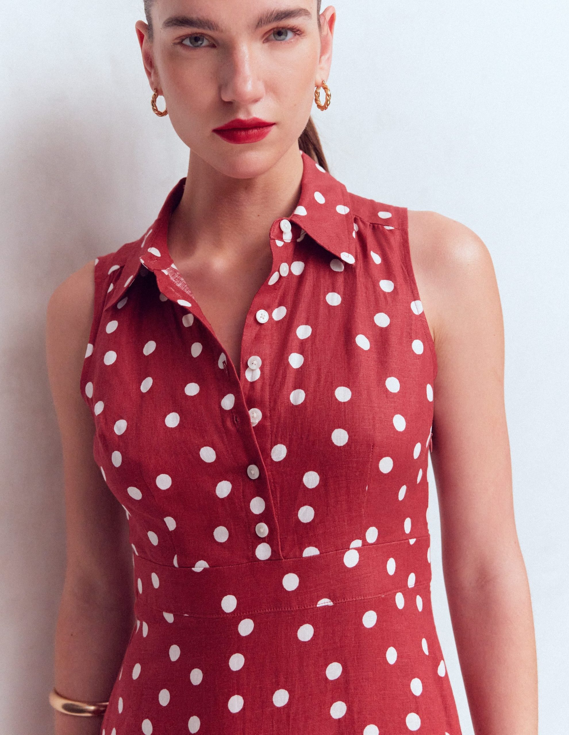 Erma Drop Waist Linen Dress-Red Painted Dot Spaced - Image 2