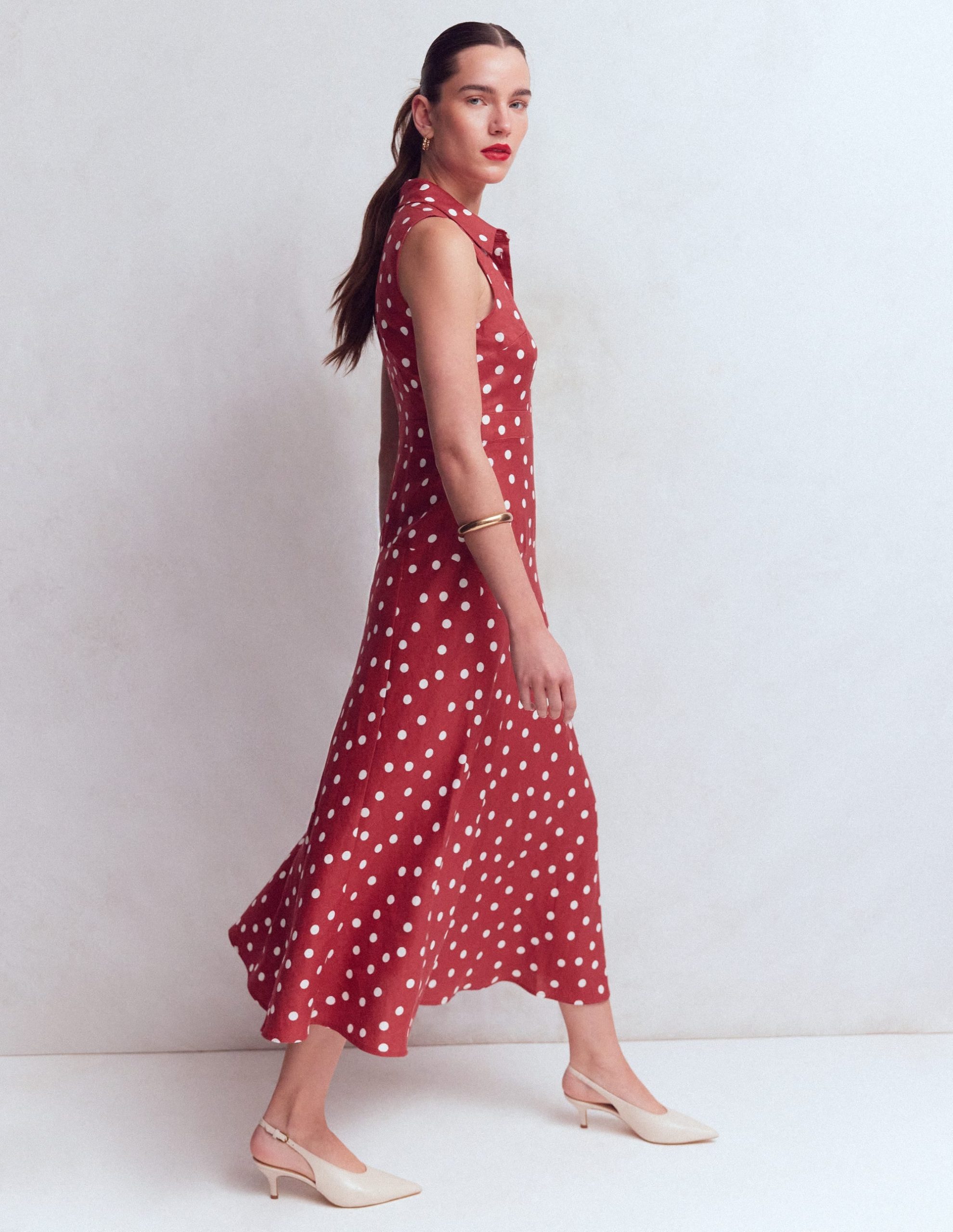 Erma Drop Waist Linen Dress-Red Painted Dot Spaced - Image 3