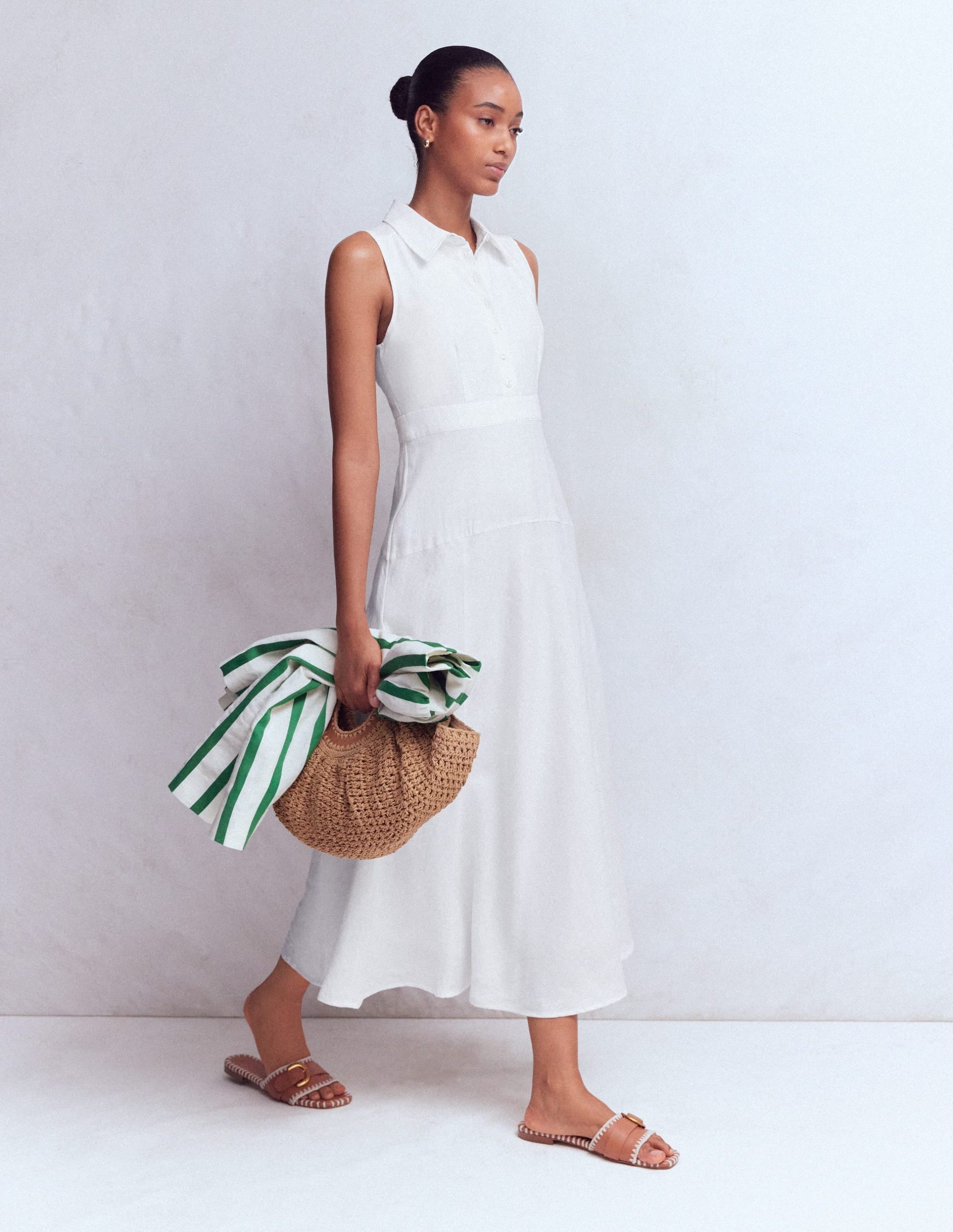 Erma Drop Waist Linen Dress-White - Image 2