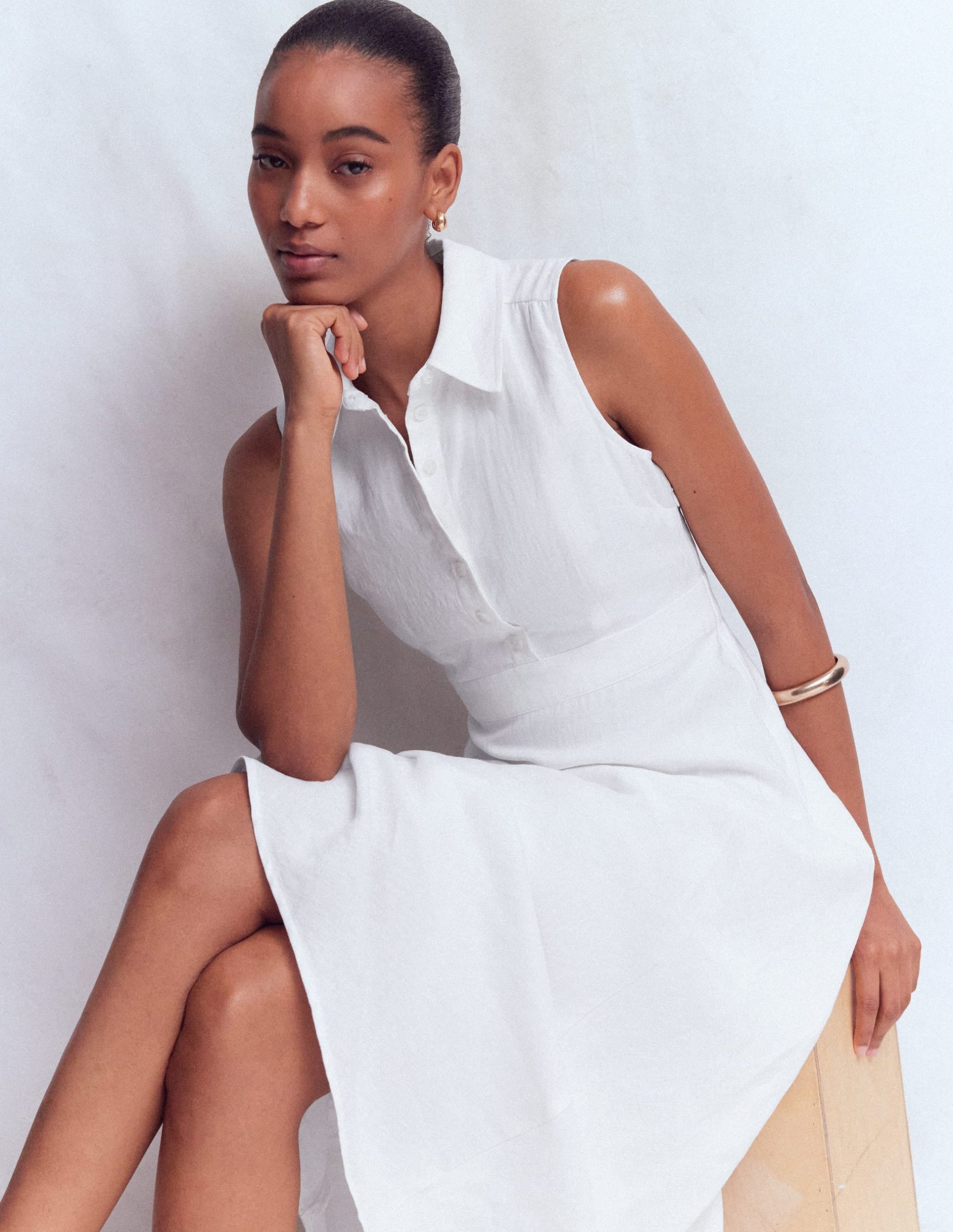 Erma Drop Waist Linen Dress-White - Image 5