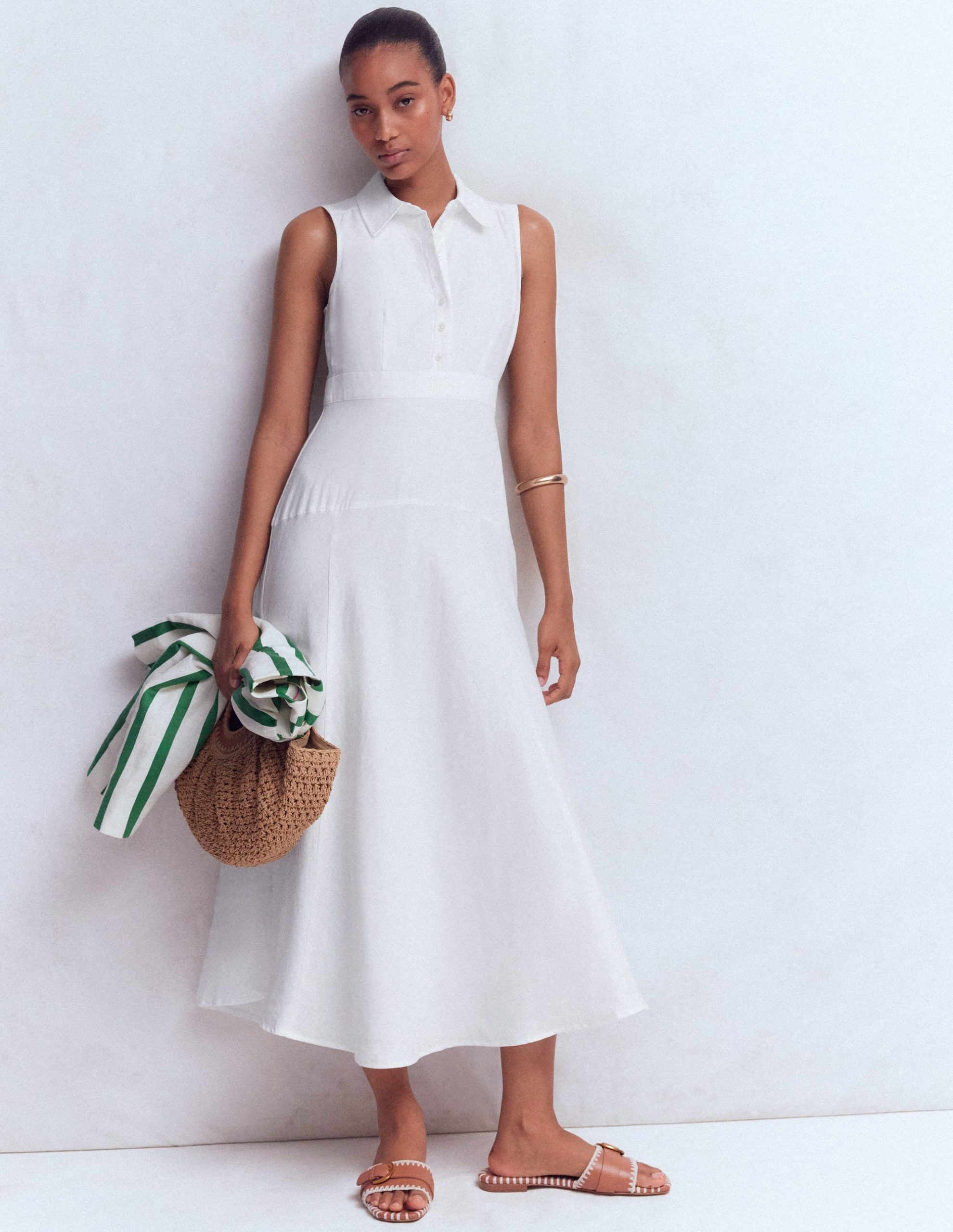 Erma Drop Waist Linen Dress-White - Image 6