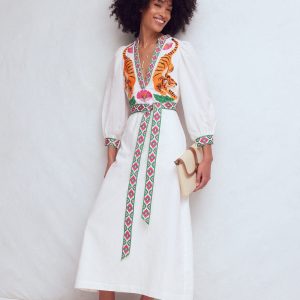 Octavia Linen Blend Dress-Tiger Embroidery