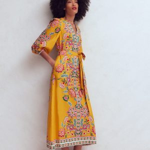 Octavia Linen Blend Dress-Yellow Blossom Elegance