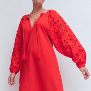 Embroidered Sleeve Kaftan-Red Embroidery