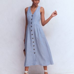 Catherine Button Linen Dress-Chambray