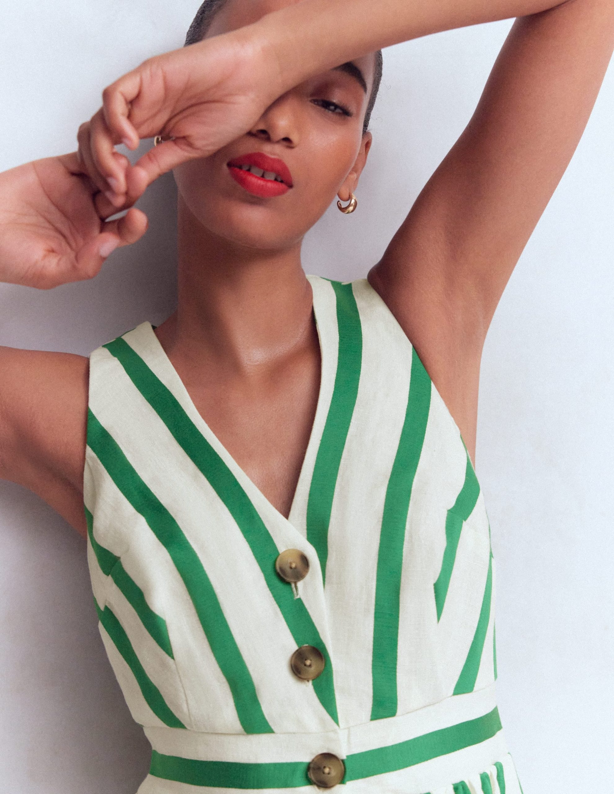 Catherine Button Linen Dress-Ivory and Green Satin Stripe - Image 3