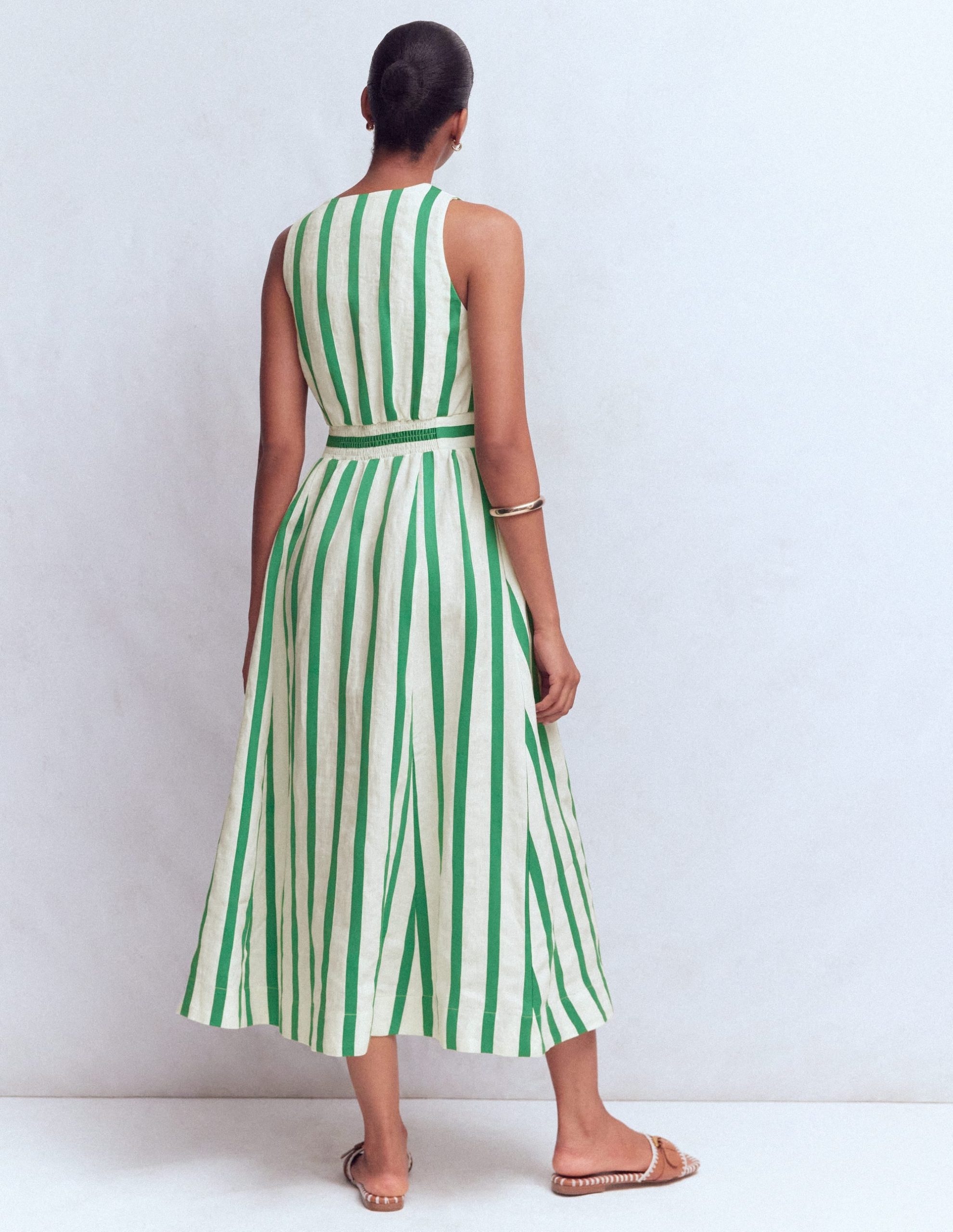 Catherine Button Linen Dress-Ivory and Green Satin Stripe - Image 4