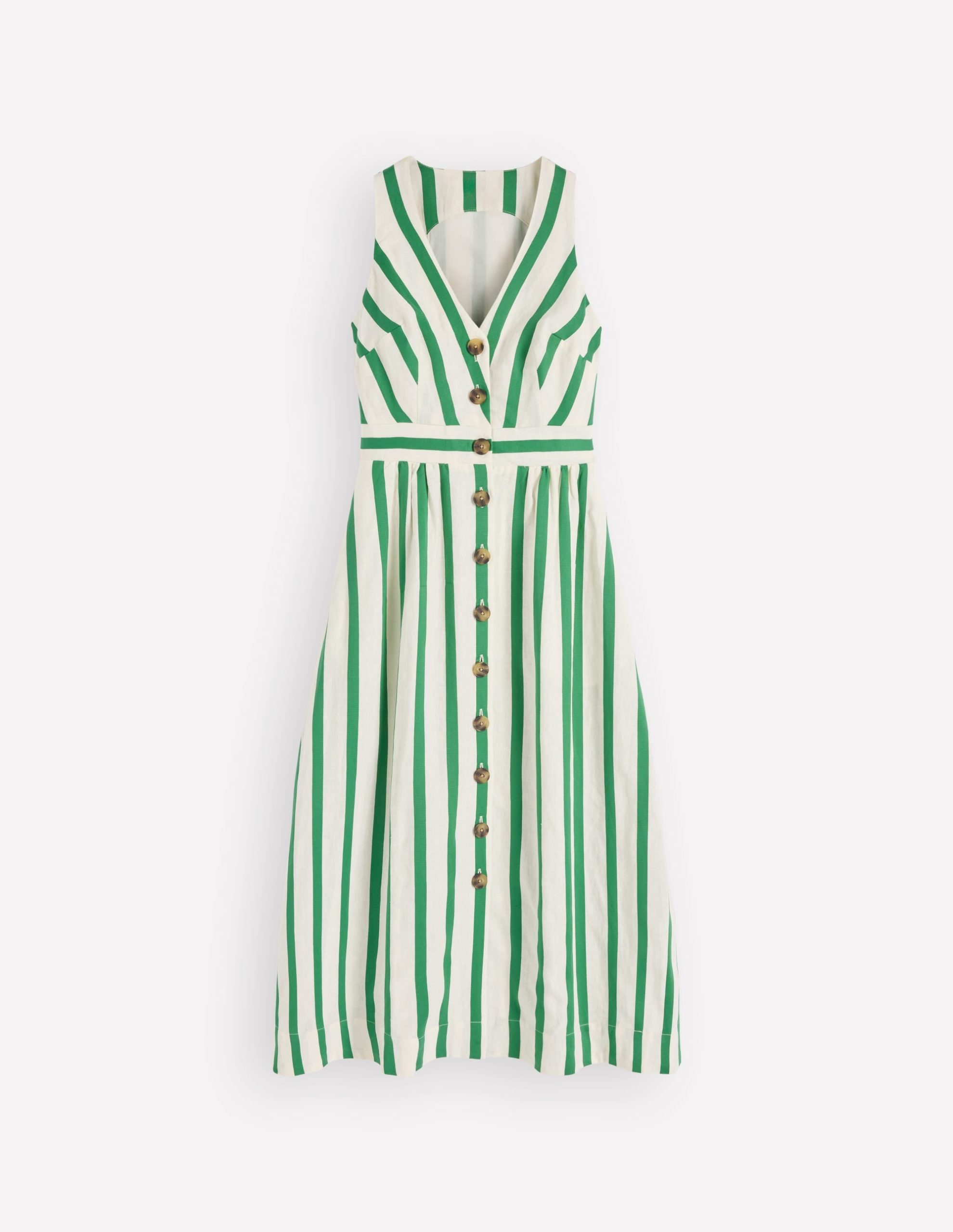 Catherine Button Linen Dress-Ivory and Green Satin Stripe - Image 6