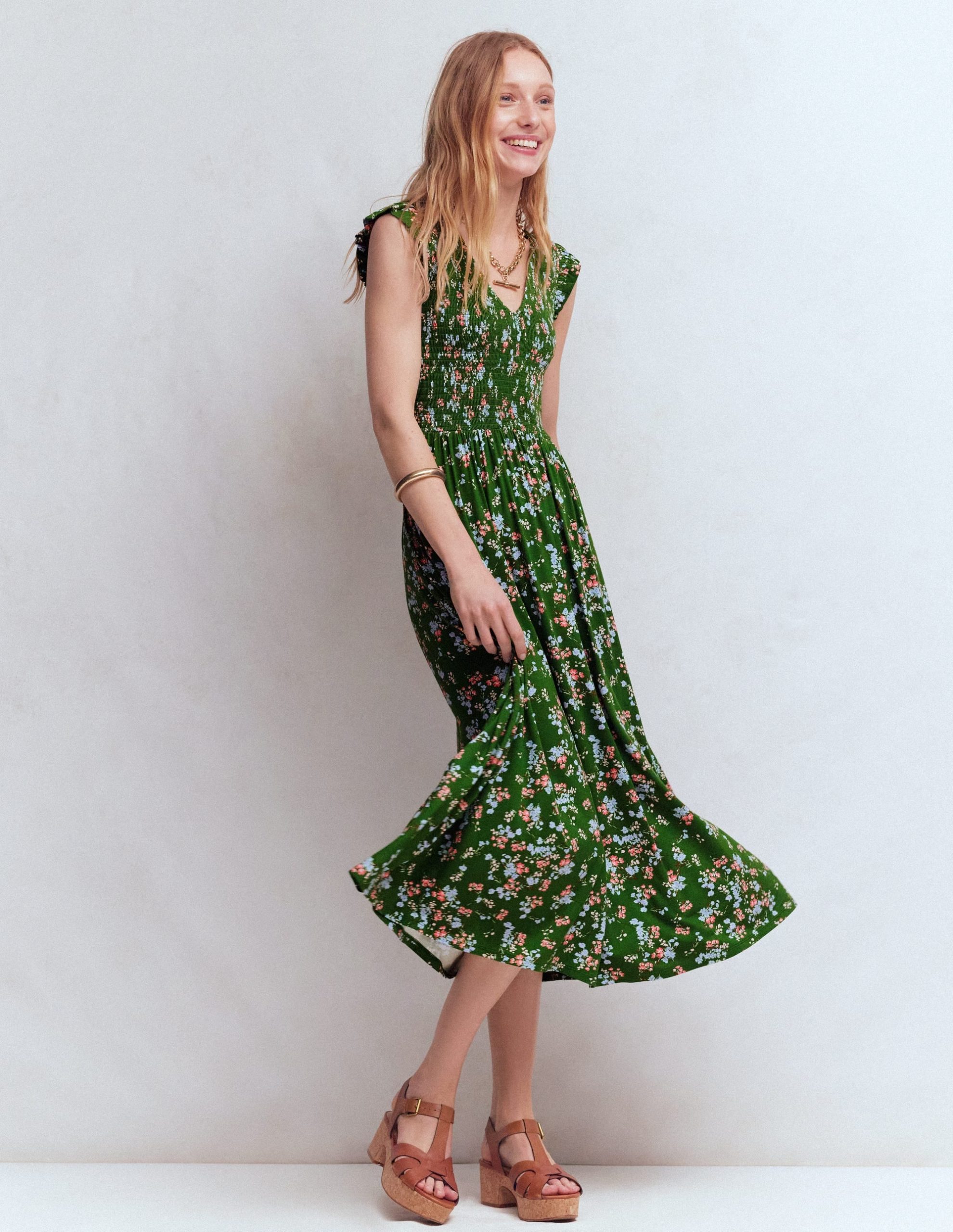 Smocked Jersey Midi Dress-Promenade Green. Bloom Scatter