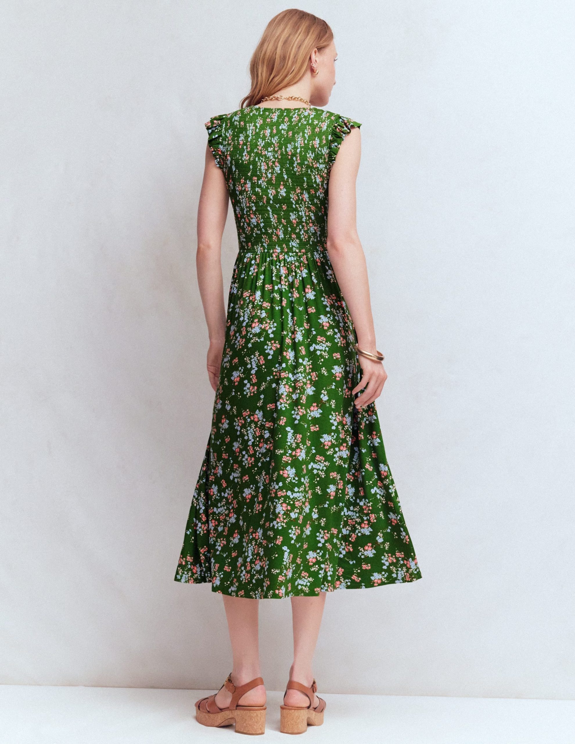 Smocked Jersey Midi Dress-Promenade Green. Bloom Scatter - Image 3