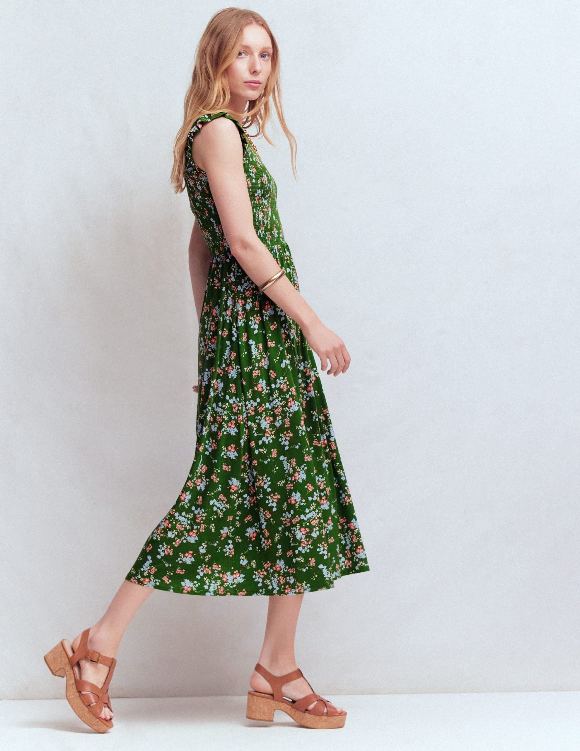 Smocked Jersey Midi Dress-Promenade Green. Bloom Scatter - Image 4