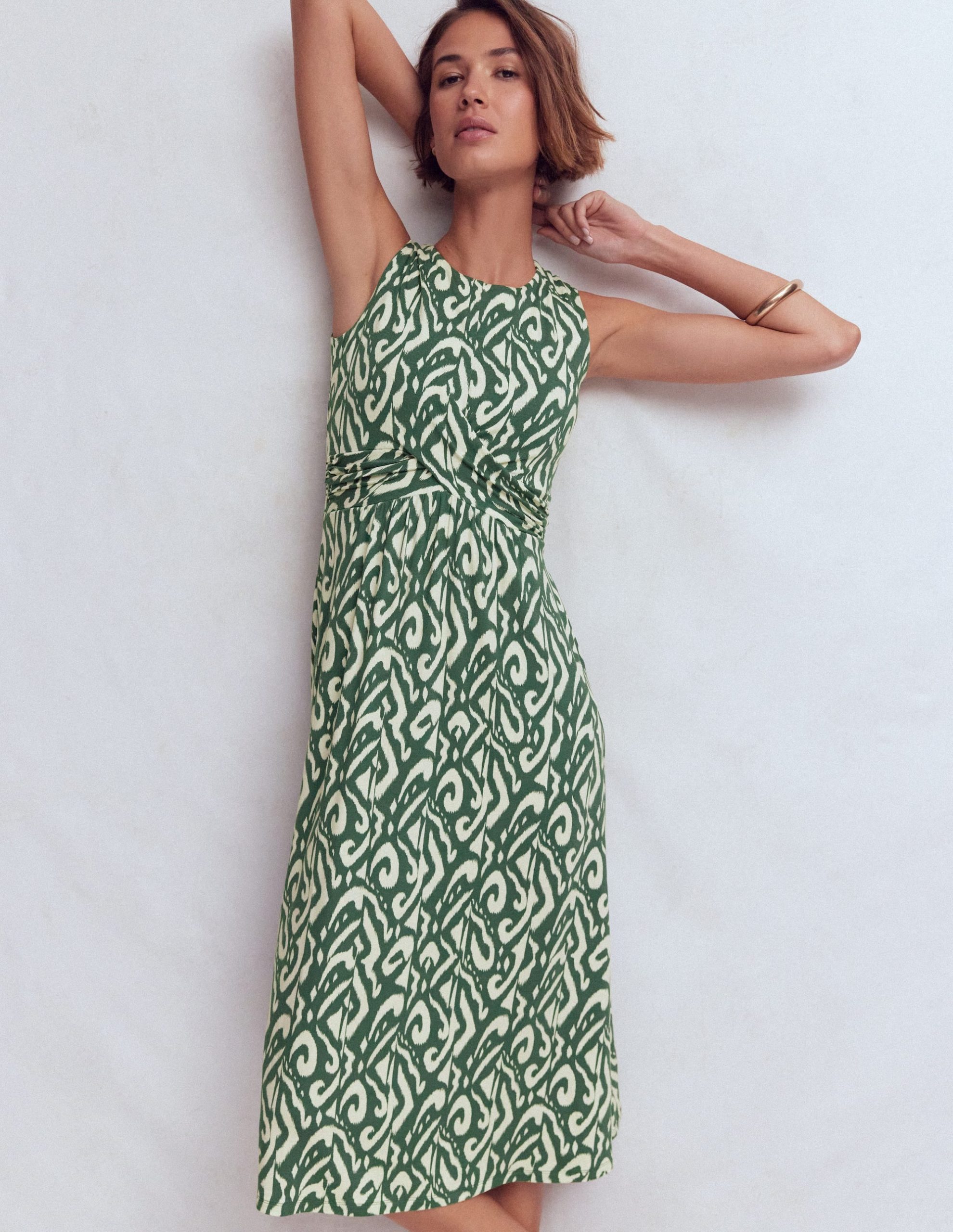 Zara Cross Waist Jersey Dress-Hunter Green. Ikat