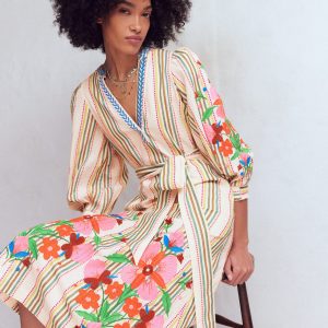 Octavia Cotton Dress-Multi Embroidery Stripe