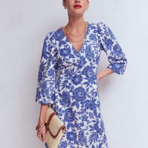 Marla Linen Blend Short Dress-Blue Tigers Paradise