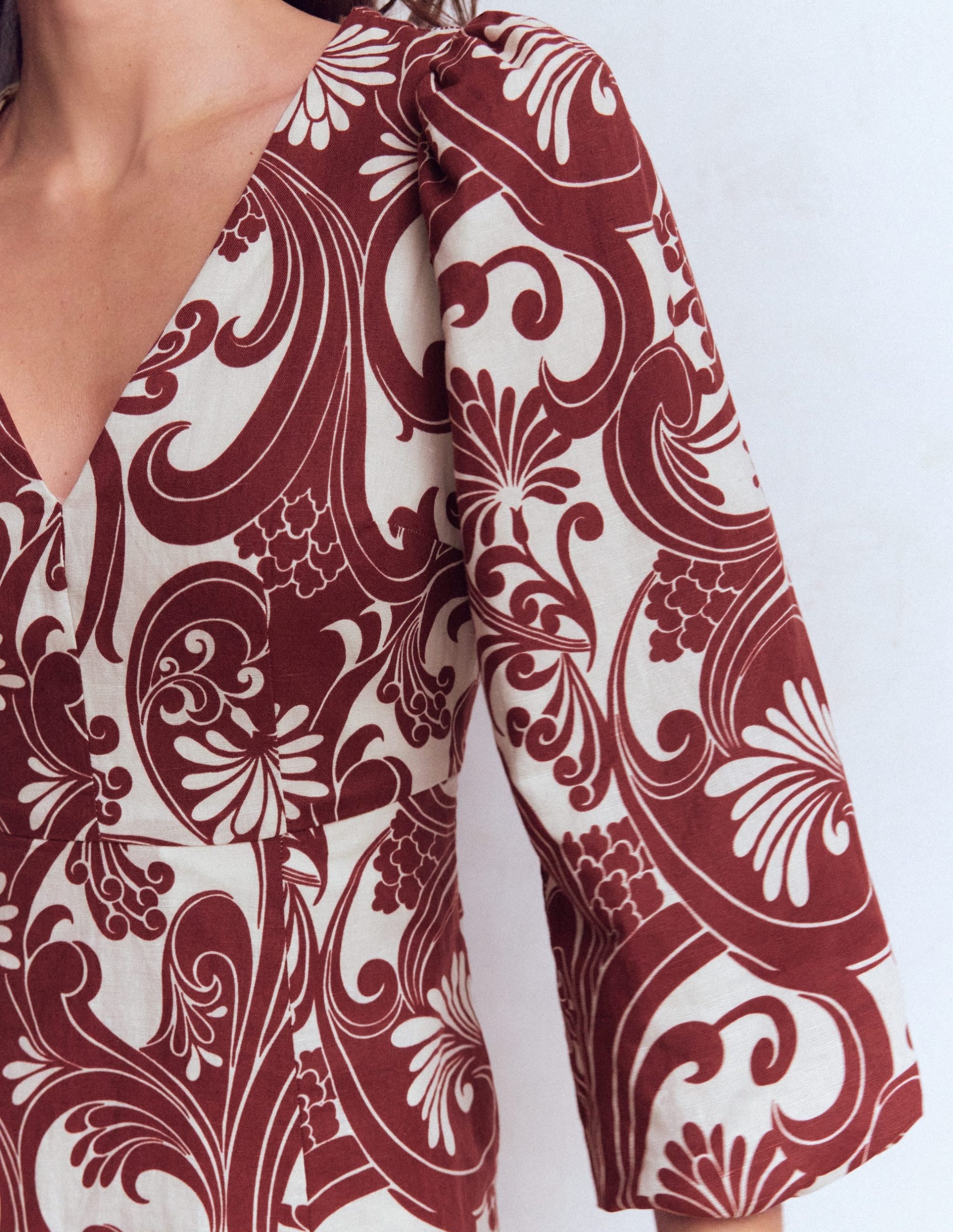 Marla Linen Blend Short Dress-Brown. Foliage Whirl - Image 3