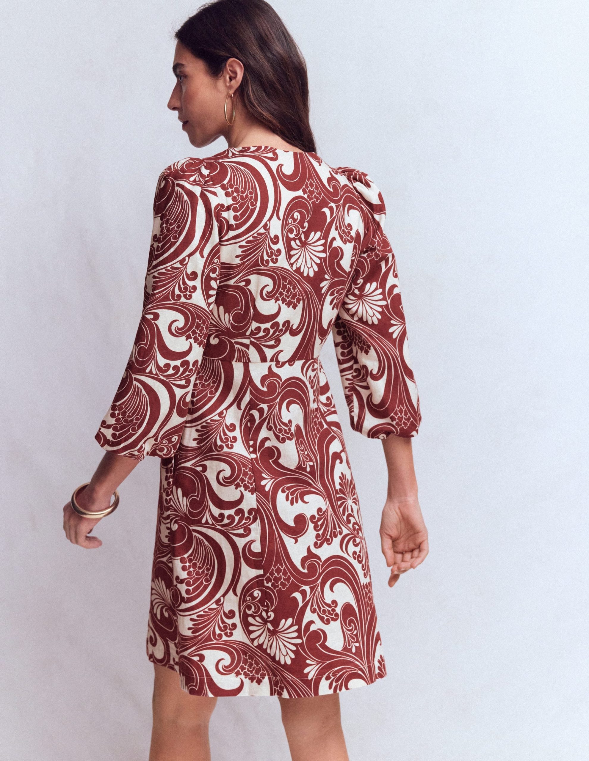Marla Linen Blend Short Dress-Brown. Foliage Whirl - Image 4