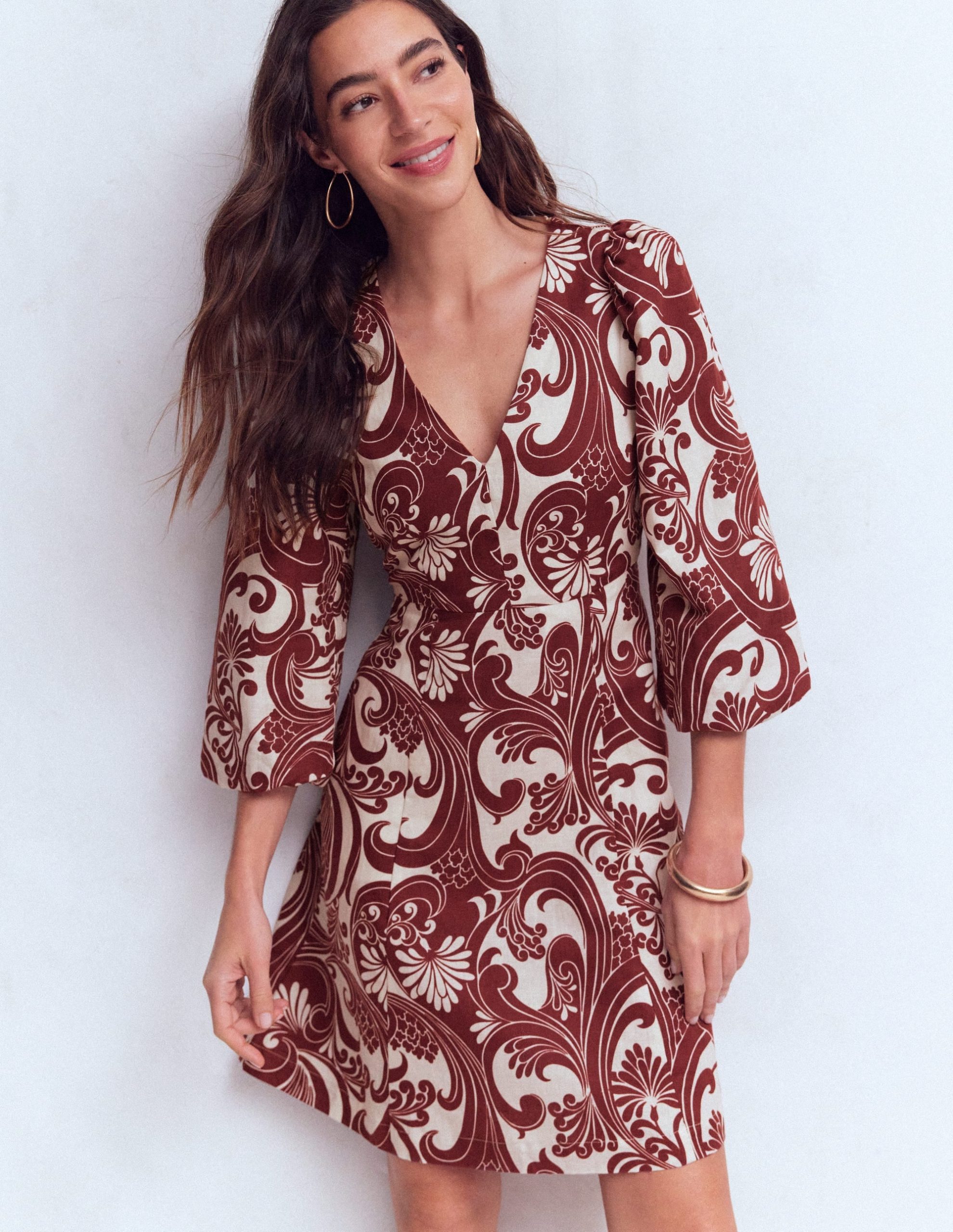 Marla Linen Blend Short Dress-Brown. Foliage Whirl - Image 6