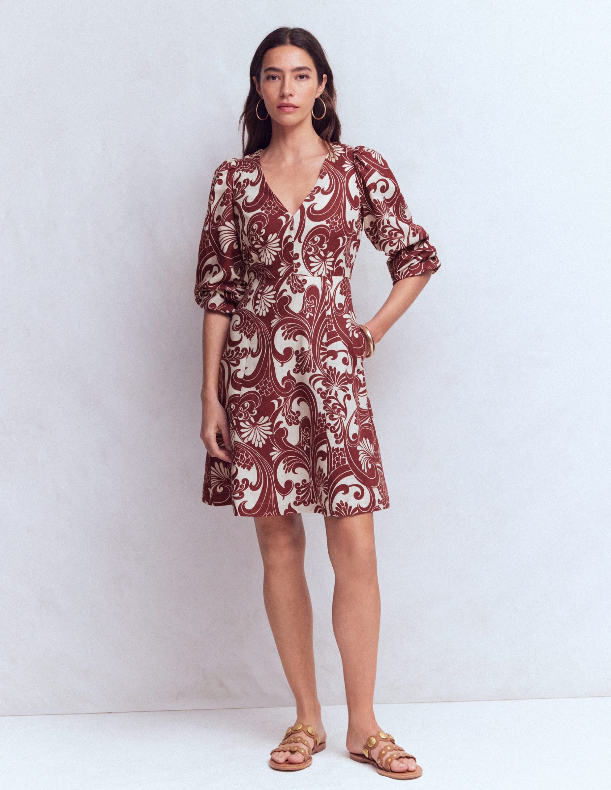Marla Linen Blend Short Dress-Brown. Foliage Whirl - Image 7