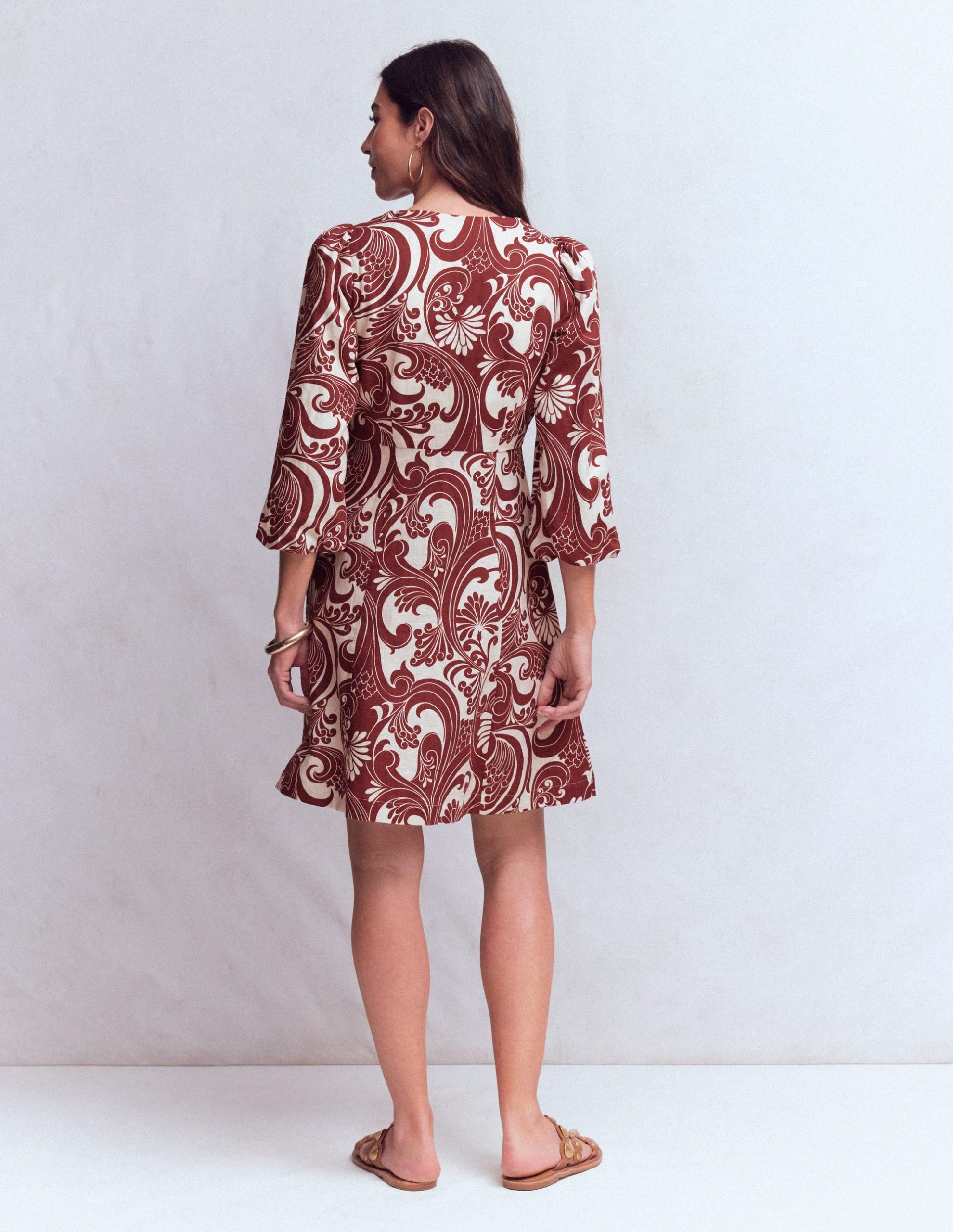 Marla Linen Blend Short Dress-Brown. Foliage Whirl - Image 8
