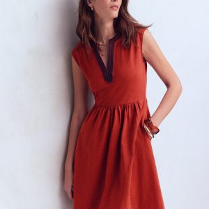 May Embroidered Short Dress-Burnt Orange
