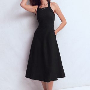 Cross-back Linen Blend Dress-Black
