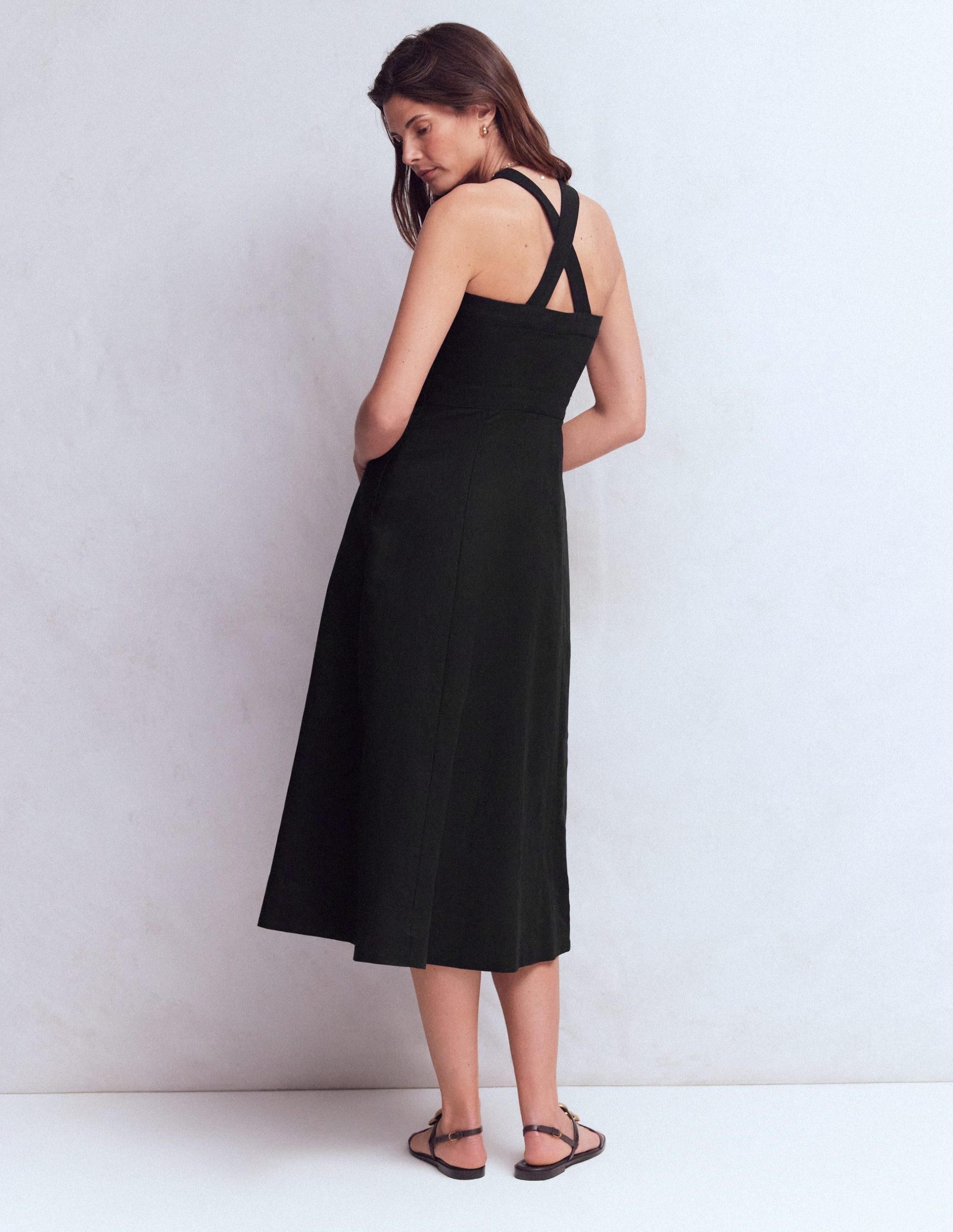 Cross-back Linen Blend Dress-Black - Image 3