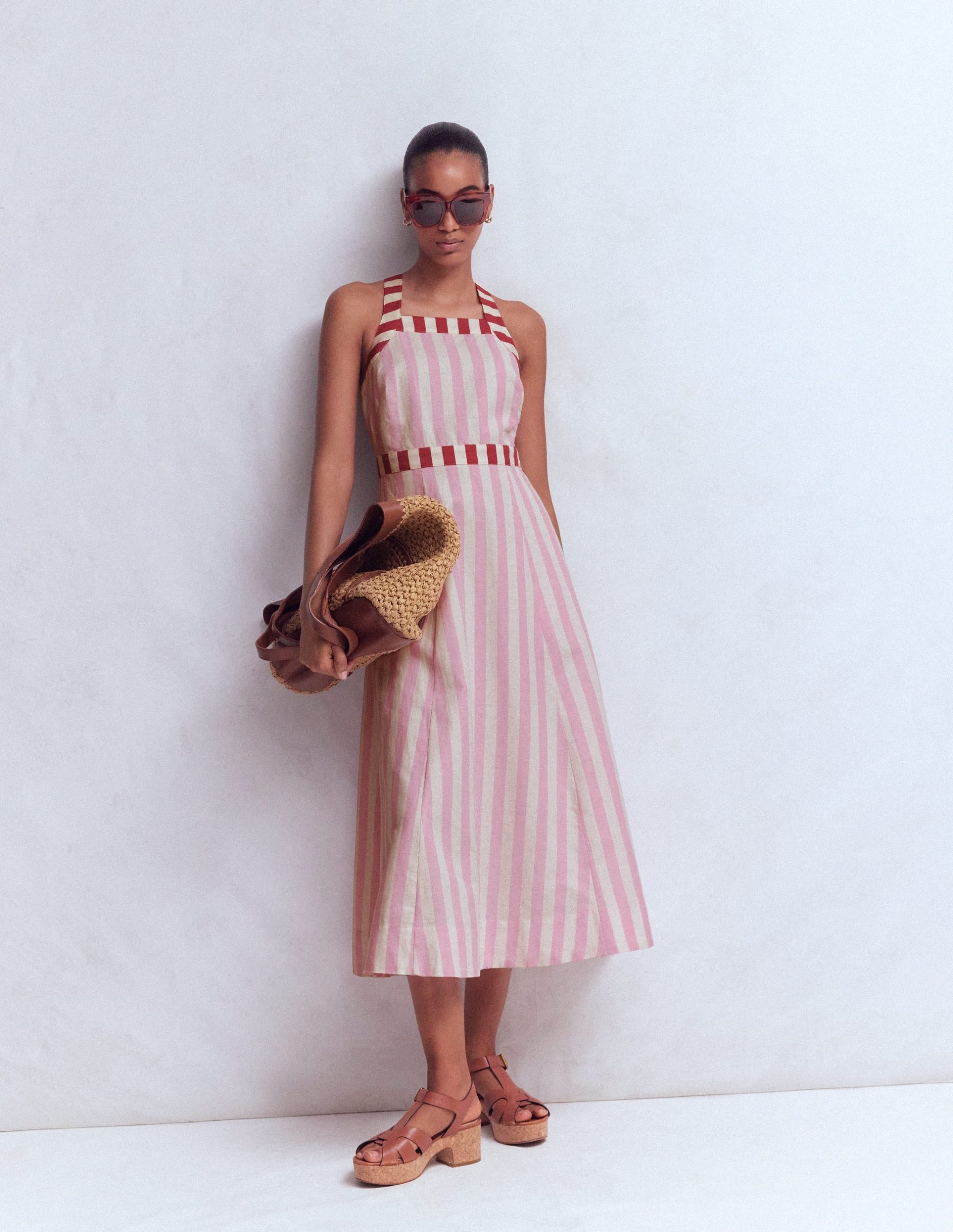 Cross-back Linen Blend Dress-Orchid Pink Stripe - Image 3