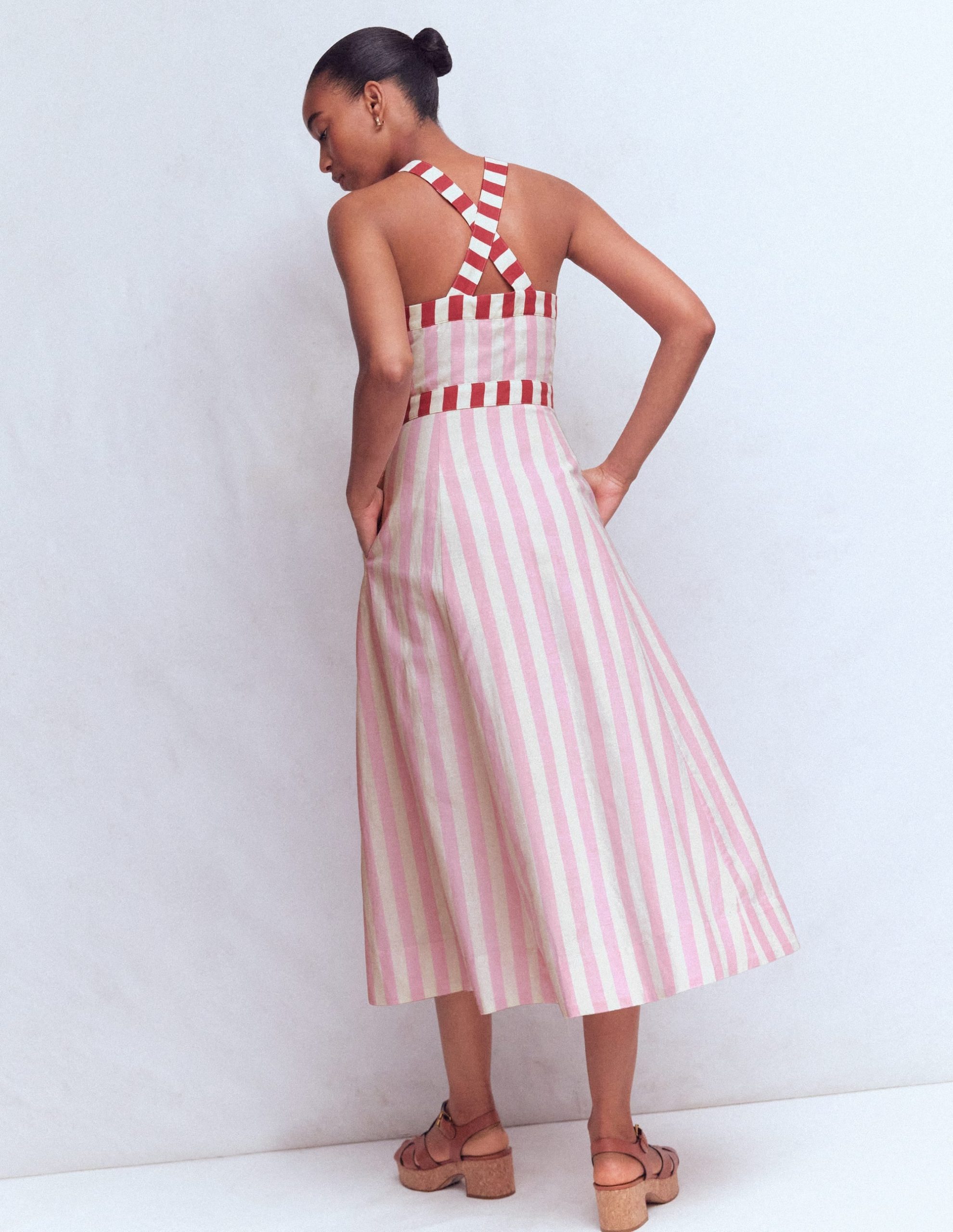 Cross-back Linen Blend Dress-Orchid Pink Stripe - Image 5