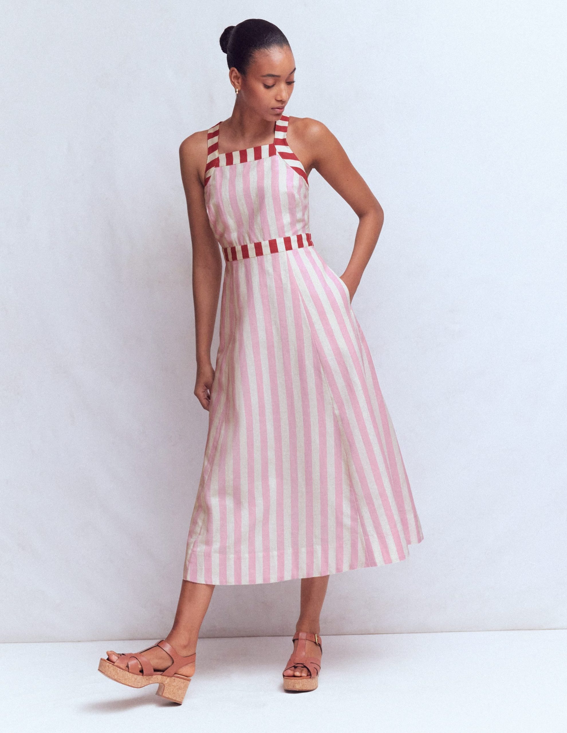 Cross-back Linen Blend Dress-Orchid Pink Stripe - Image 6