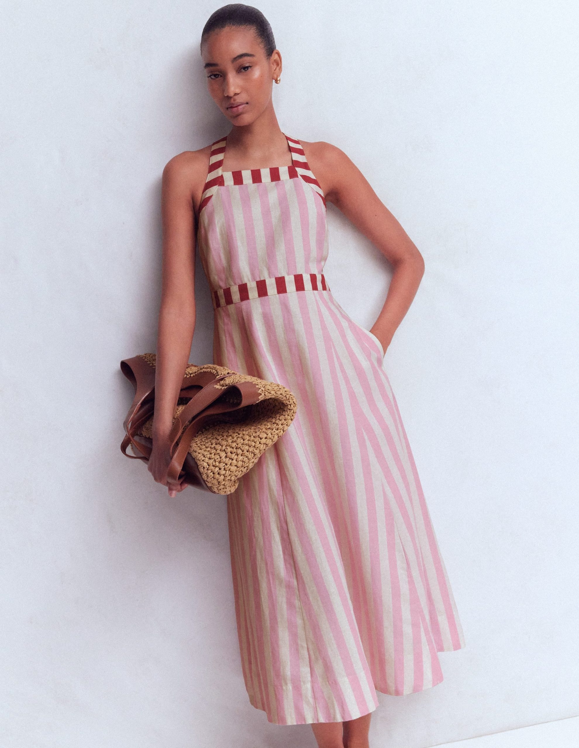 Cross-back Linen Blend Dress-Orchid Pink Stripe - Image 7