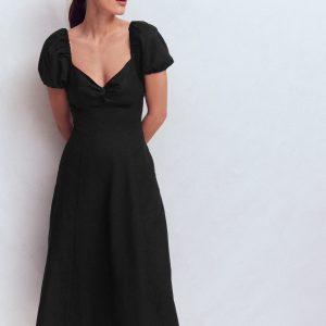 Twist Front Linen Blend Dress-Black