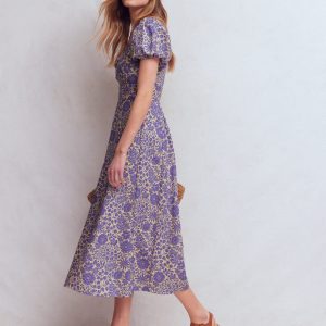 Twist Front Linen Blend Dress-Han Purple. Flowerbed Bloom