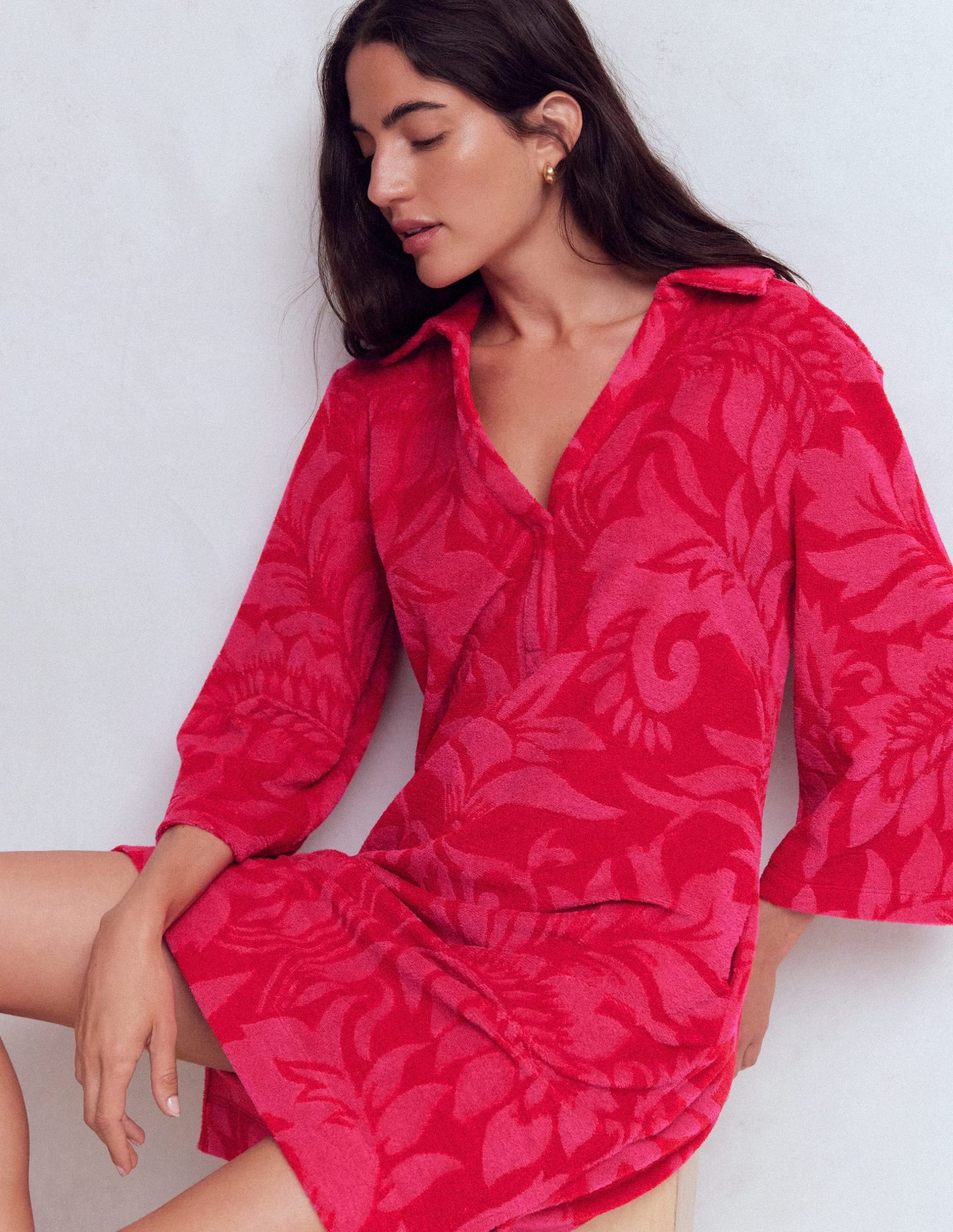 Short Collared Towelling Dress-Merida Red. Ornamental Foliage