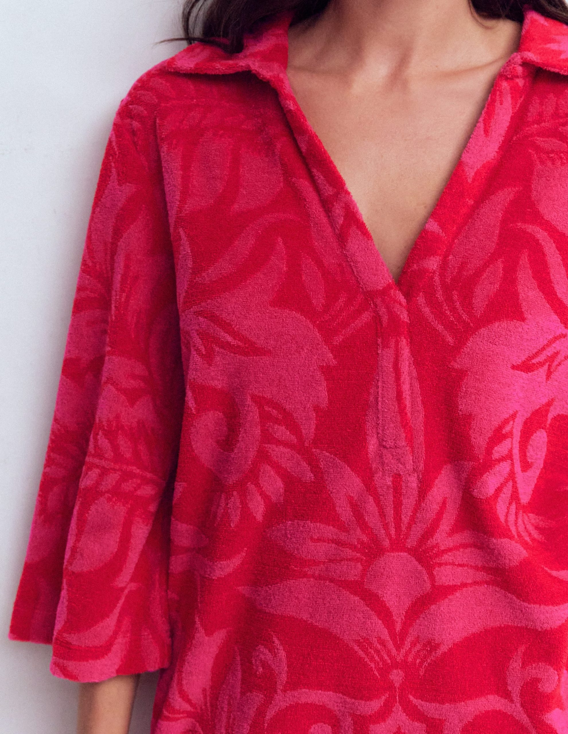 Short Collared Towelling Dress-Merida Red. Ornamental Foliage - Image 2