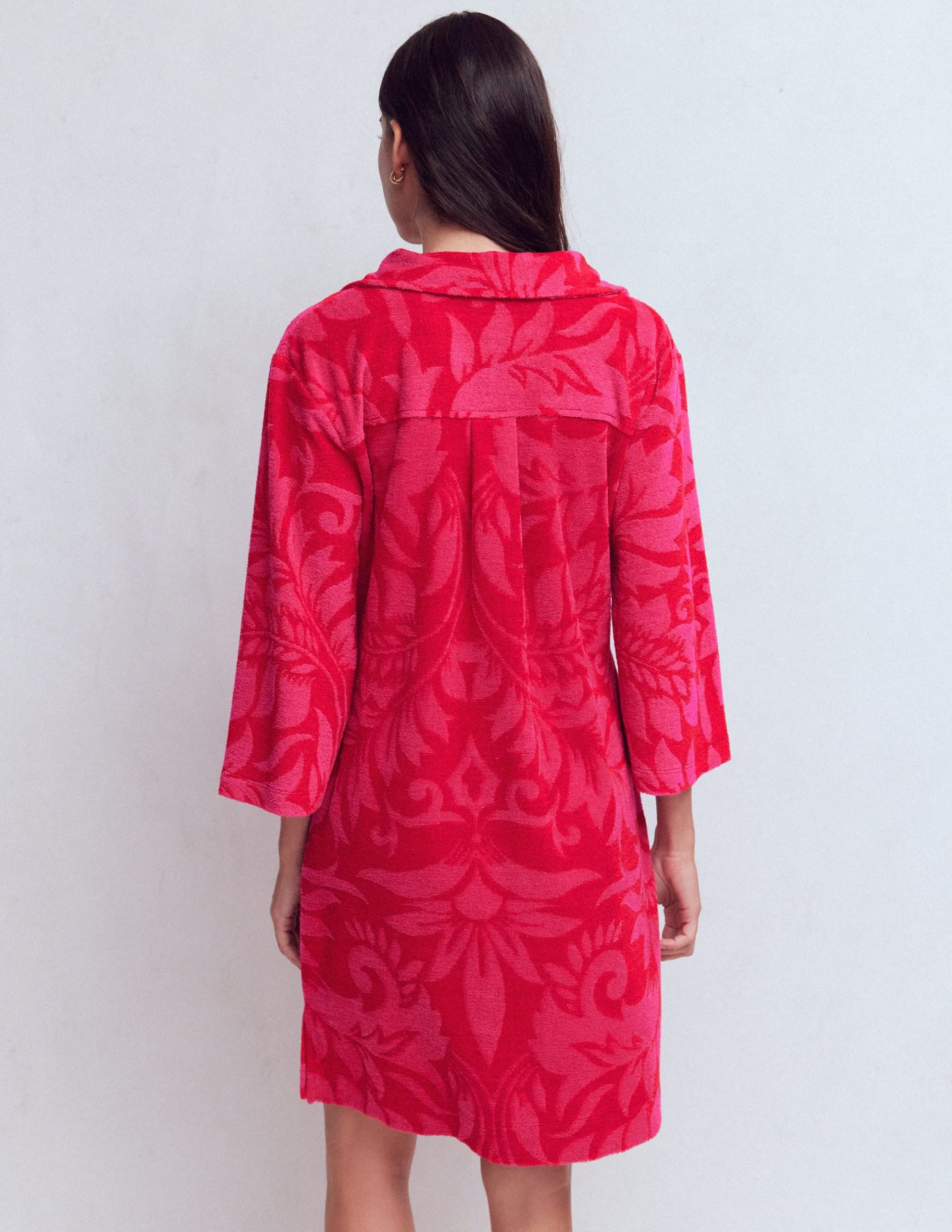 Short Collared Towelling Dress-Merida Red. Ornamental Foliage - Image 3