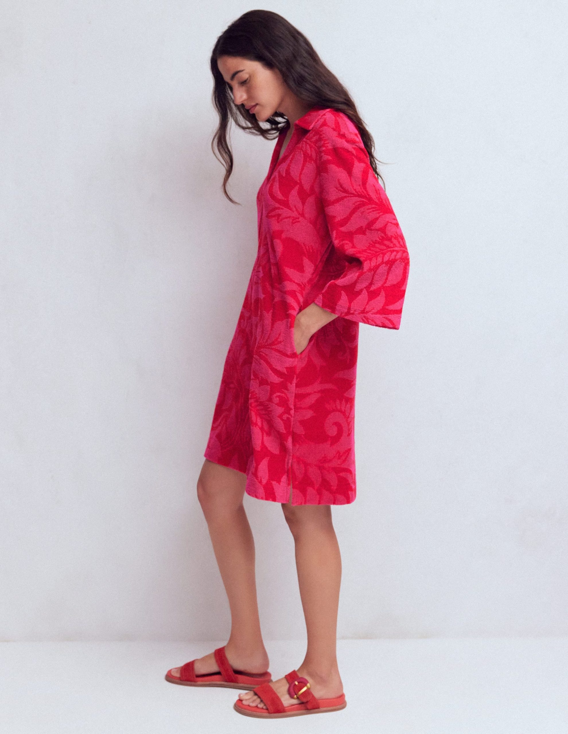 Short Collared Towelling Dress-Merida Red. Ornamental Foliage - Image 4