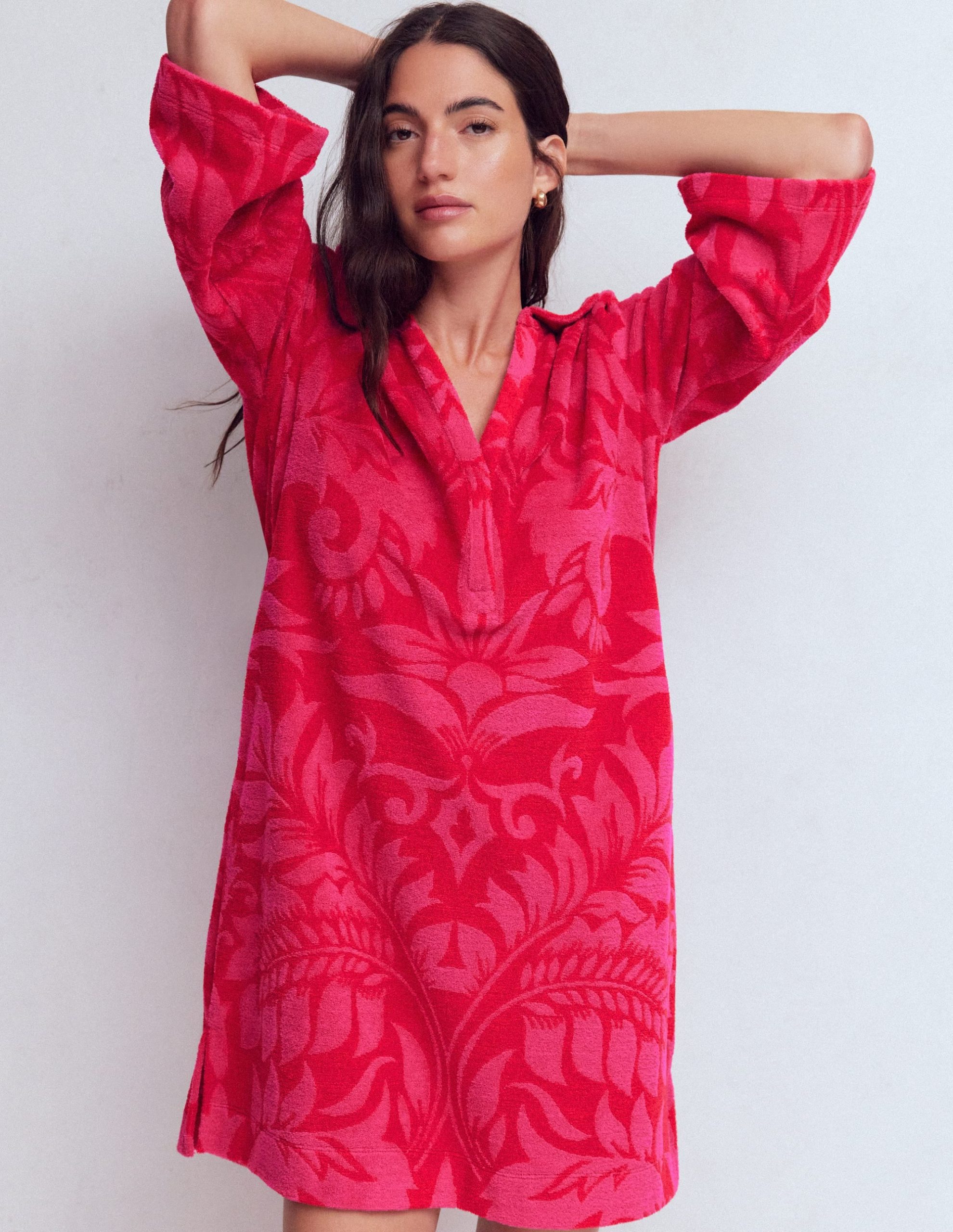 Short Collared Towelling Dress-Merida Red. Ornamental Foliage - Image 5