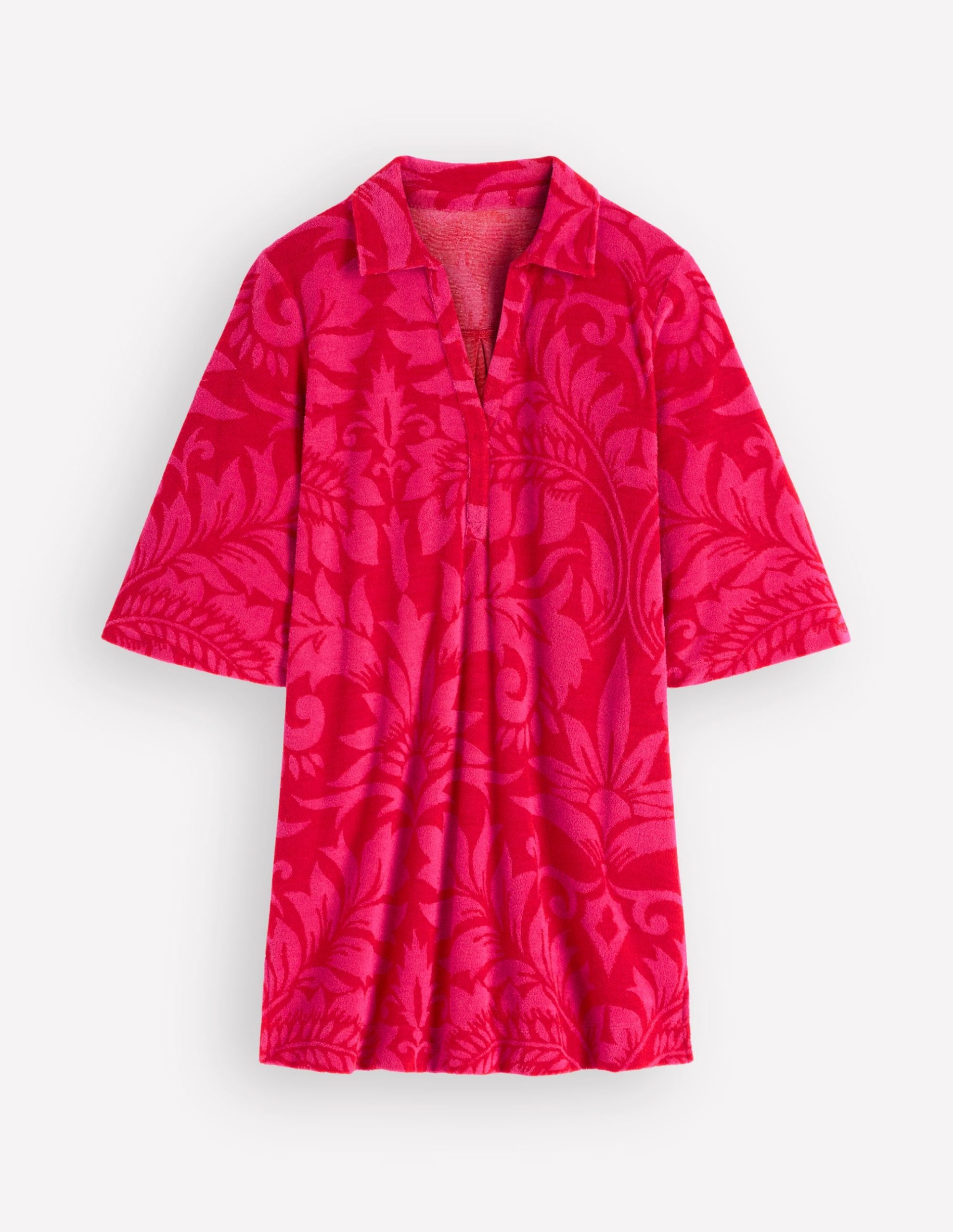 Short Collared Towelling Dress-Merida Red. Ornamental Foliage - Image 7