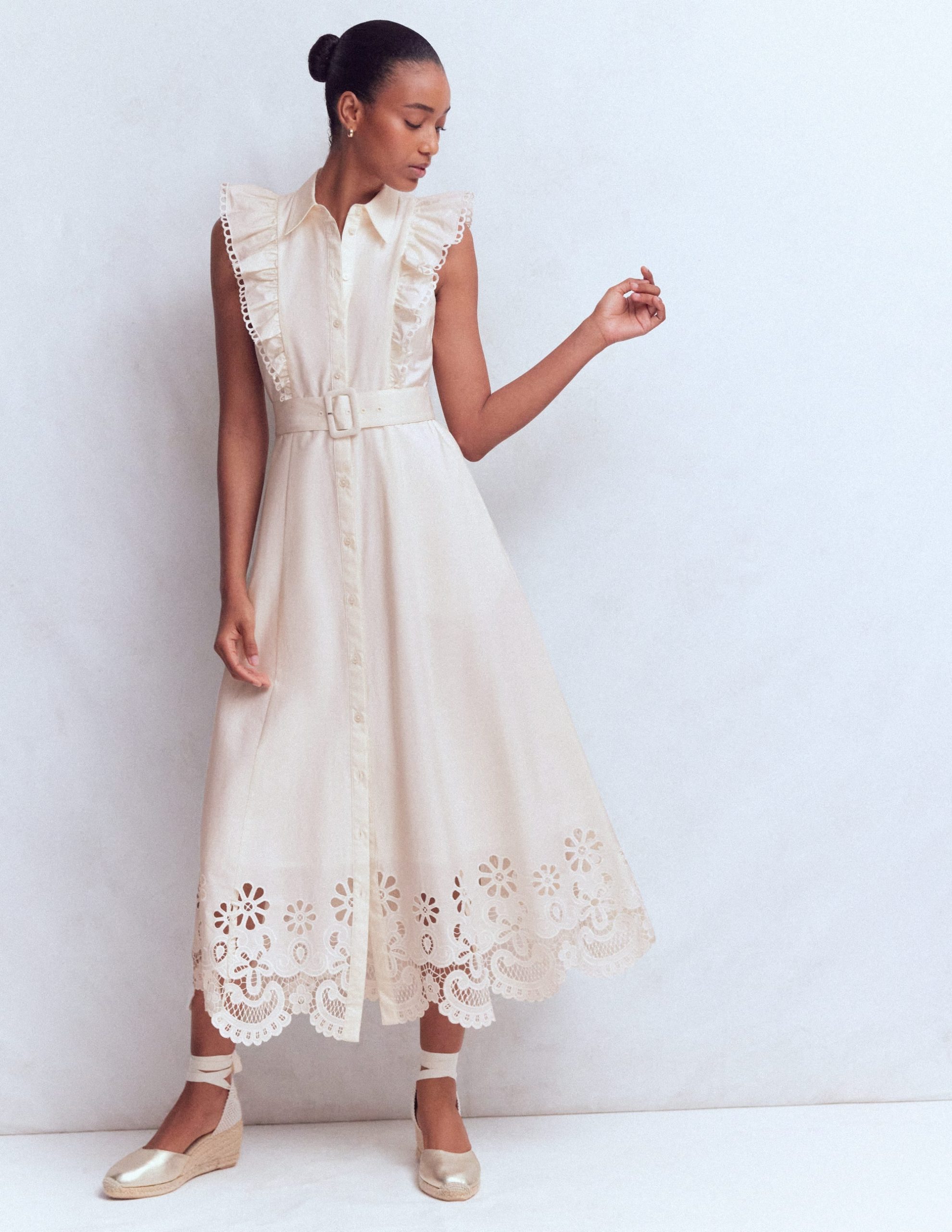 Ruffle Bodice Shirt Dress-White Broderie Trim - Image 2