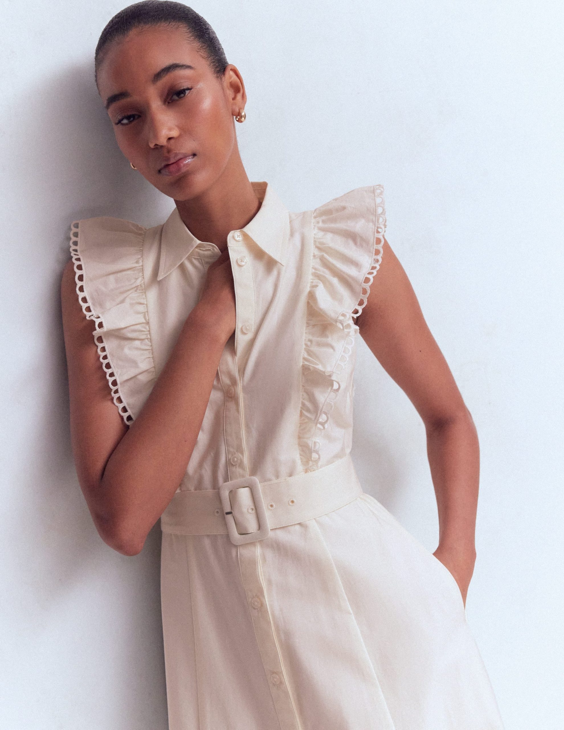 Ruffle Bodice Shirt Dress-White Broderie Trim - Image 3